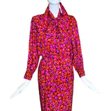 1989 Saint Laurent Magenta Silk Floral Print Dress Ensemble FRONT HEADBAND