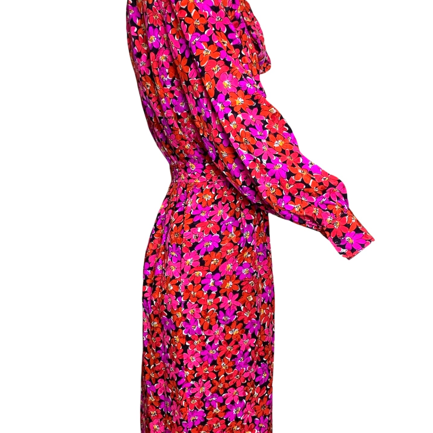 1989 Saint Laurent Magenta Silk Floral Print Dress Ensemble FULL ENSEMBLE SIDE