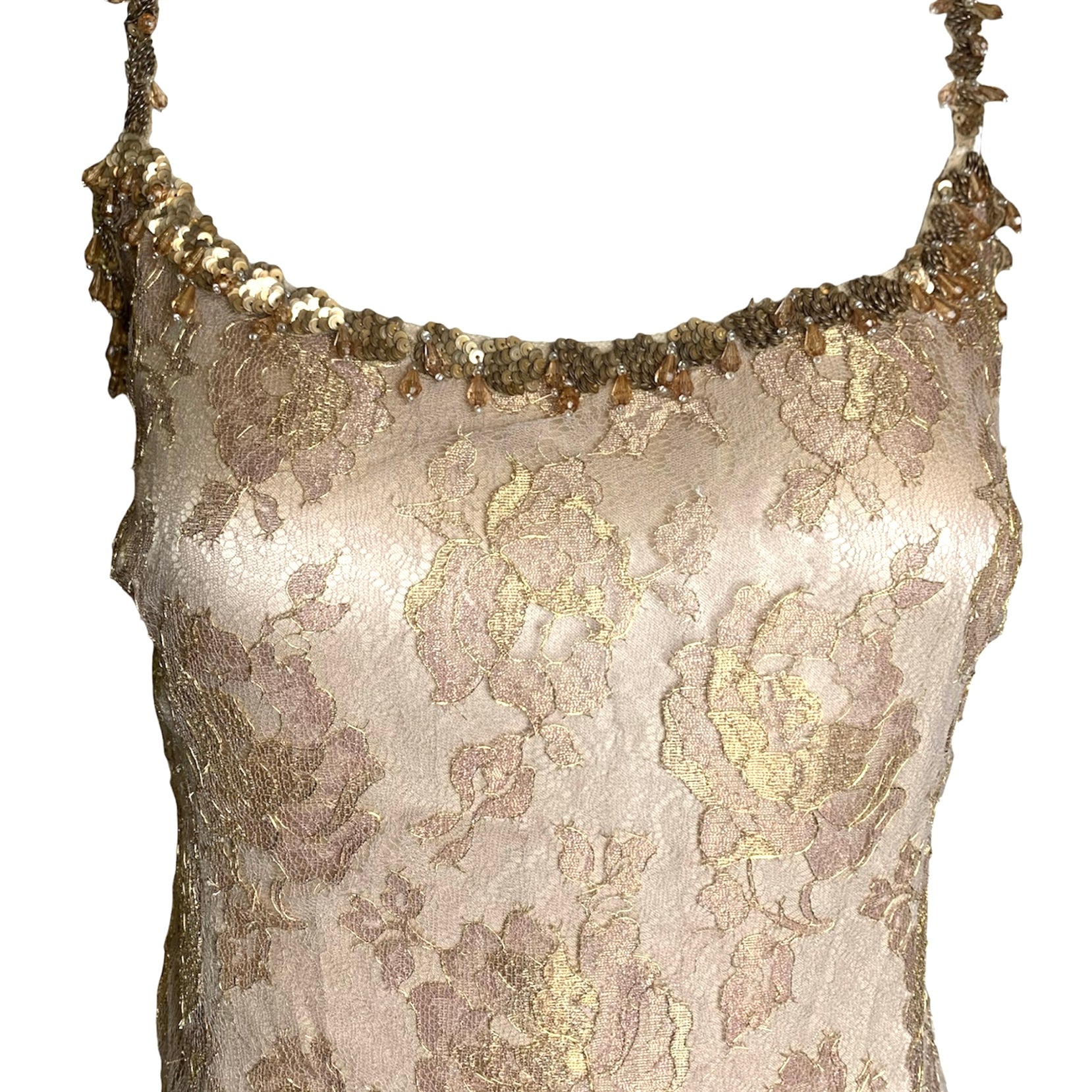 Escada Gold Lace Mini Dress with Embellished Straps FRONT DETAIL