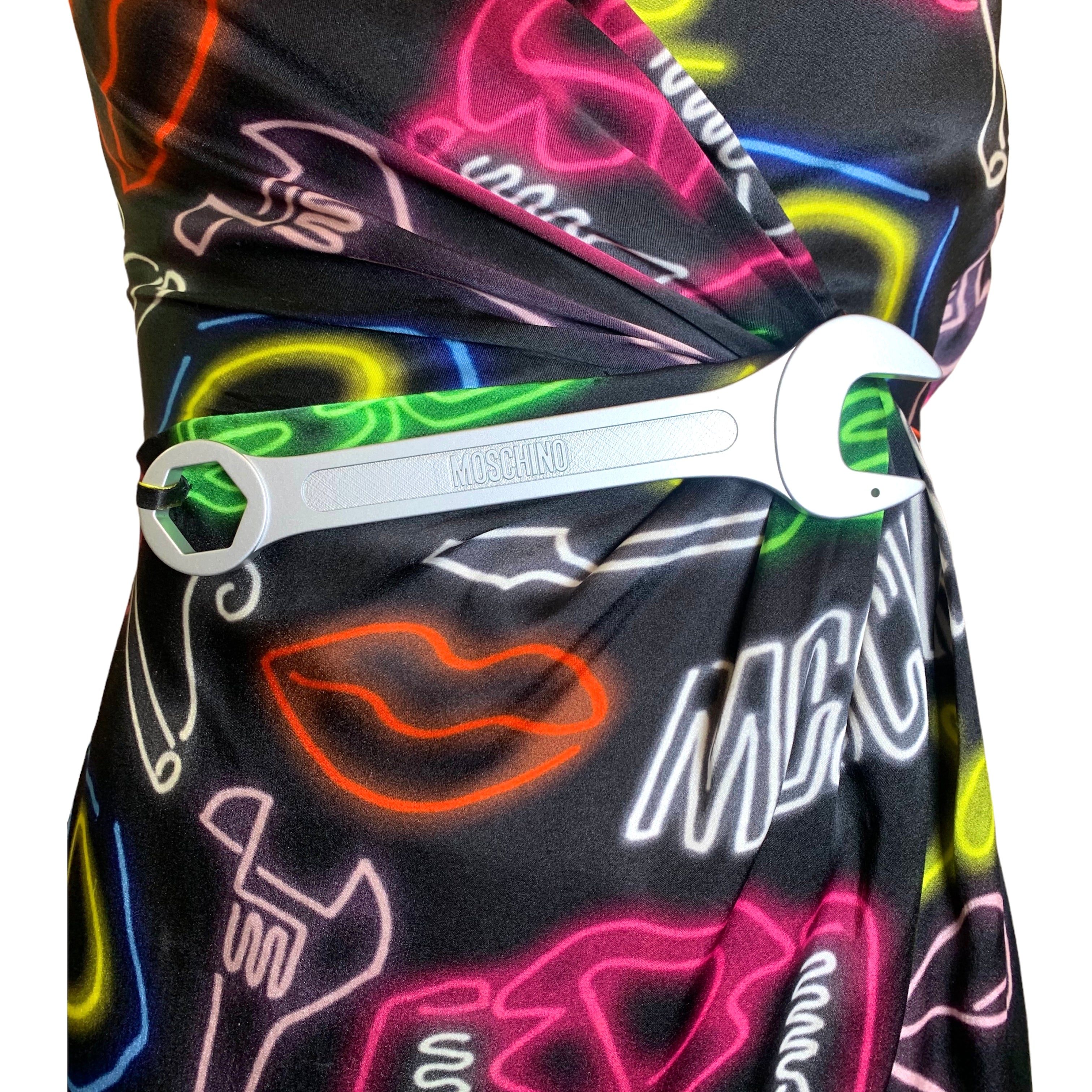 Moschino Couture SS 2016 Neon Sign Novelty Print Silk Gown FRONT DETAIL