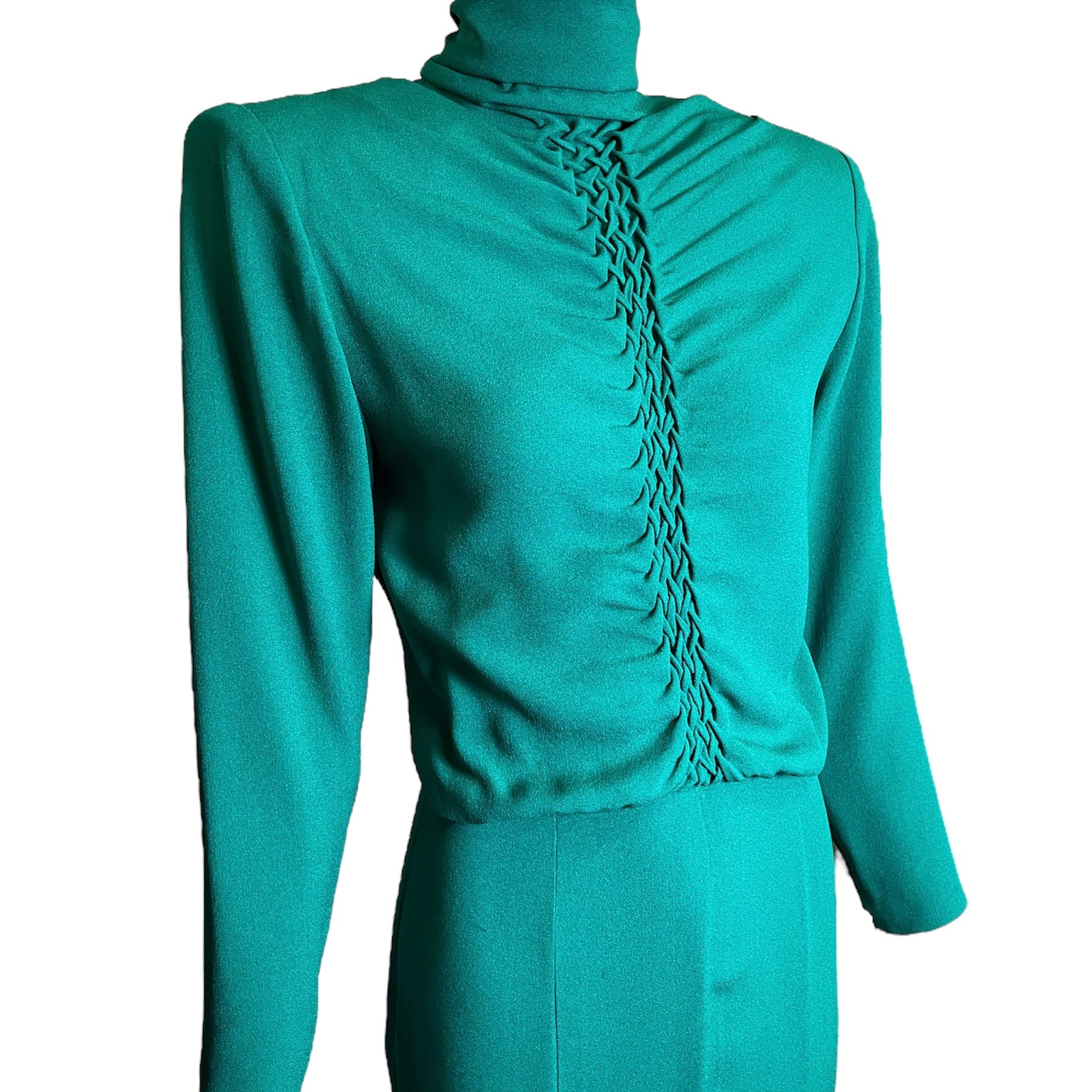 Galanos 80s Emerald Green Gown w/ Woven Front Detail DETAIL PHOTO 2 OF 5