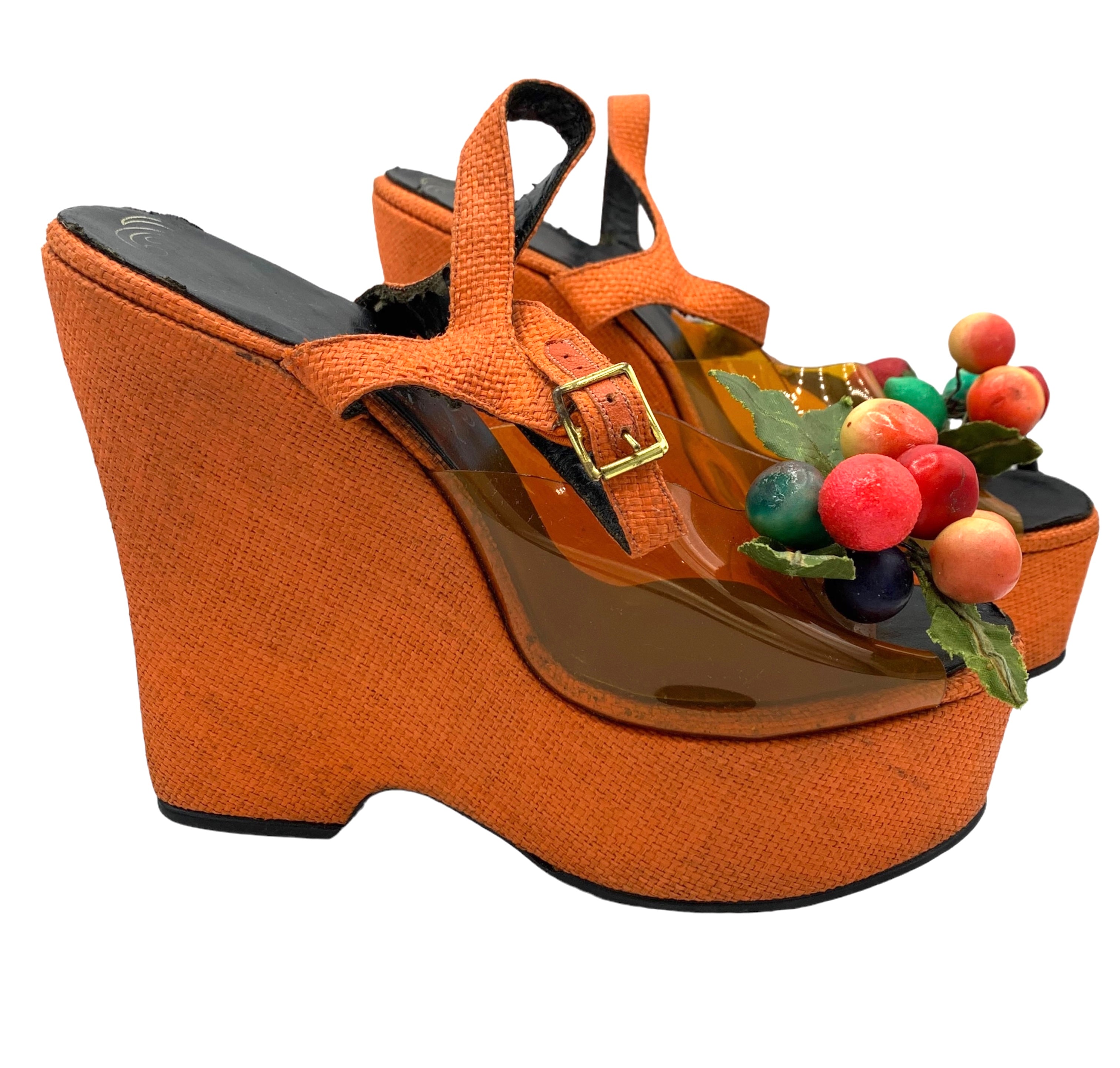 The Wonder Wedge by Kimel 1970's Orange Fruit Platform Sandals