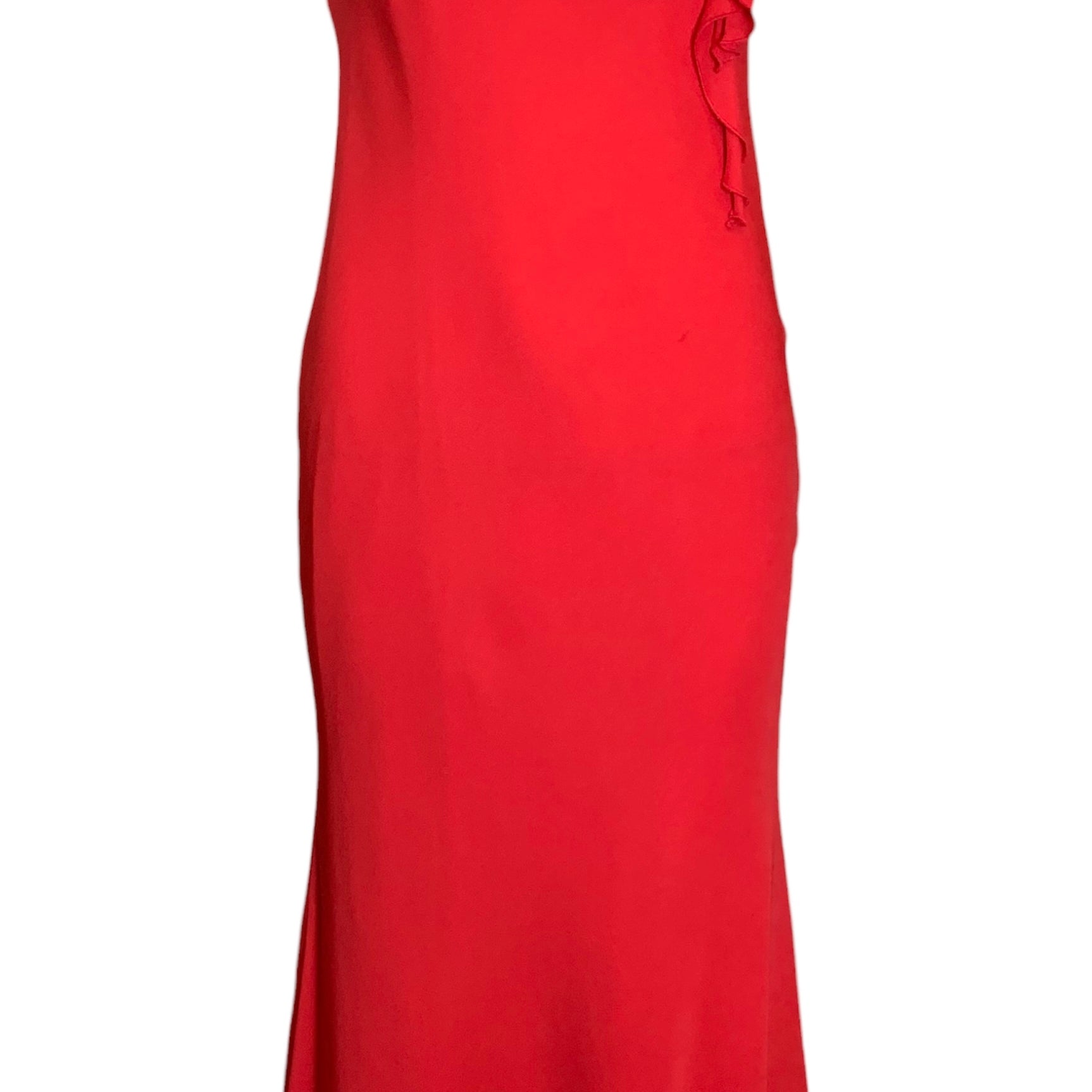 Mila Schön Cherry Red Asymmetrical Ruffled Detail Gown FRONT 1/5