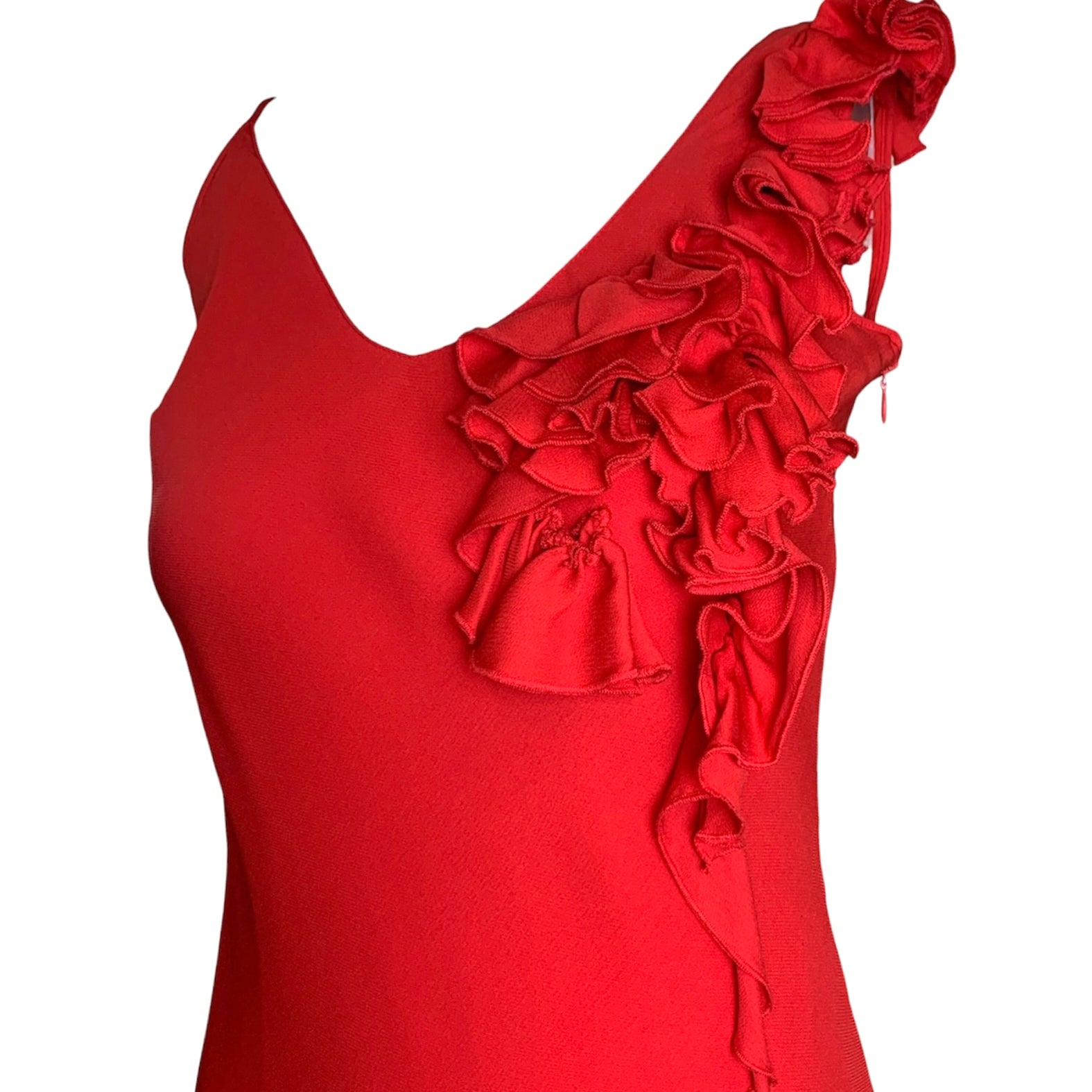 Mila Schön Cherry Red Asymmetrical Ruffled Detail Gown FRONT DETAIL 2/5