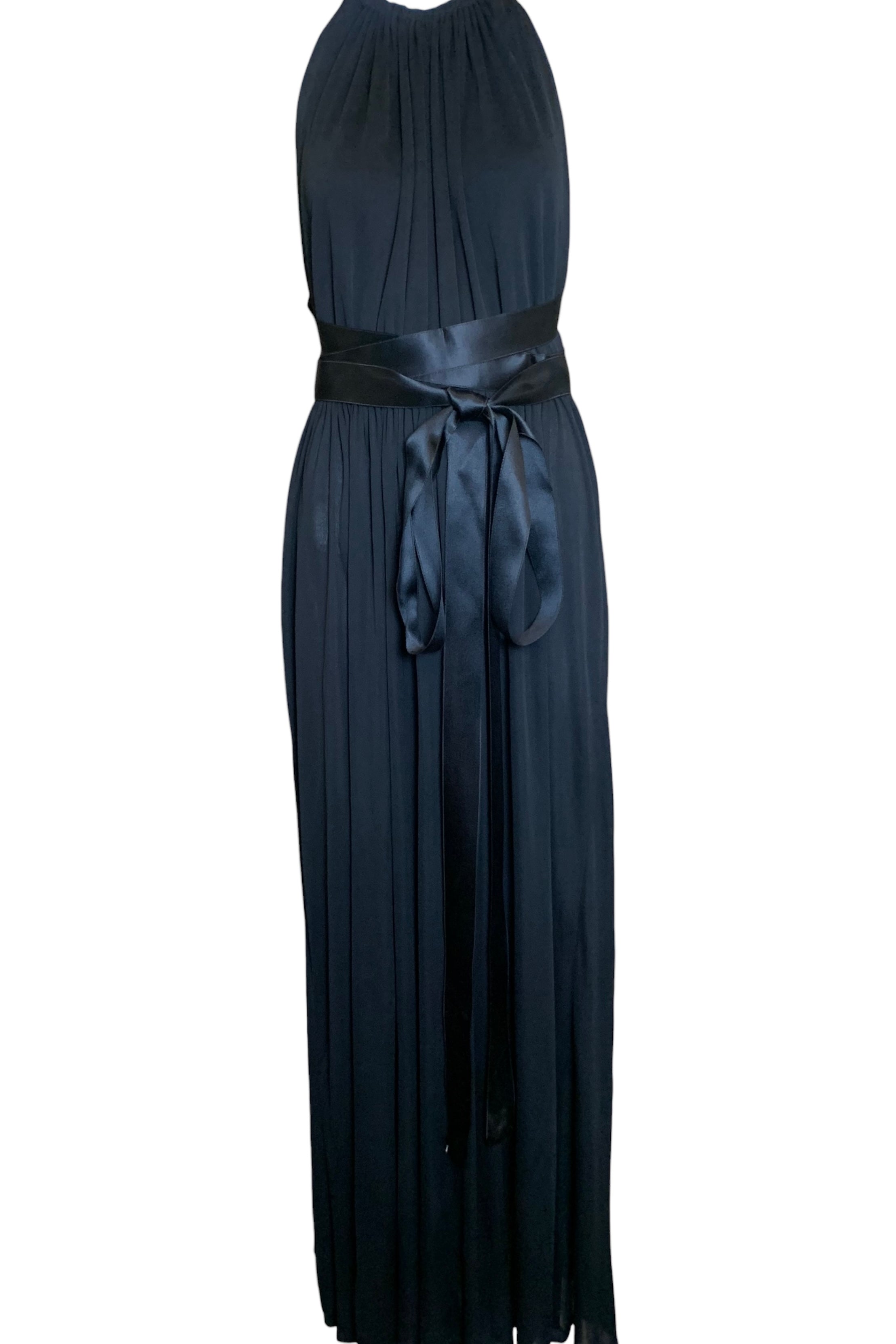 Donald Brooks '70s Black Jersey Halter Gown with Satin Ties FRONT 1/6