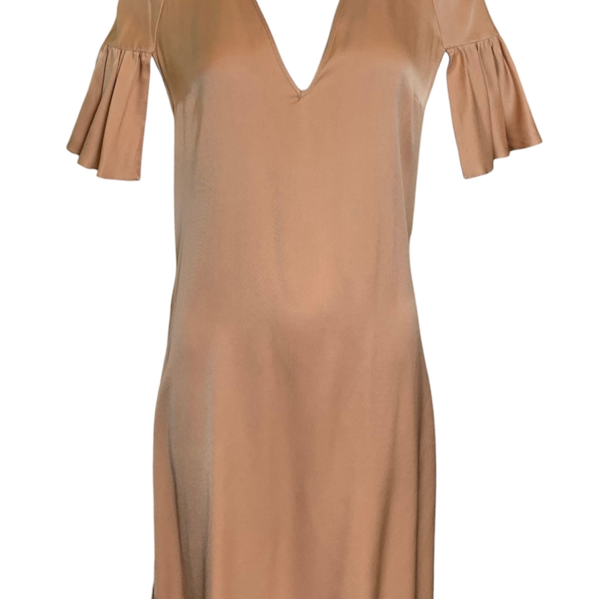 Chloé Caramel Peek-a-Boo Shoulder Flutter Sleeve Dress FRONT 1/4