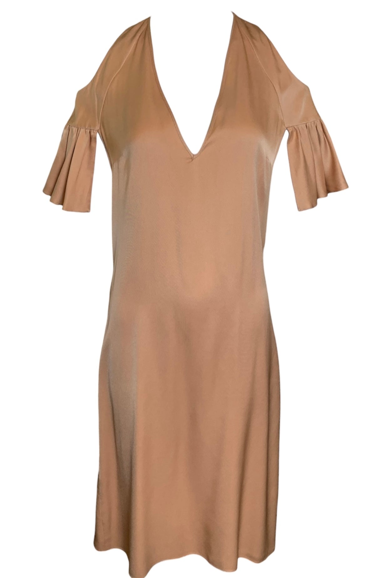 Chloé Caramel Peek-a-Boo Shoulder Flutter Sleeve Dress FRONT 1/4