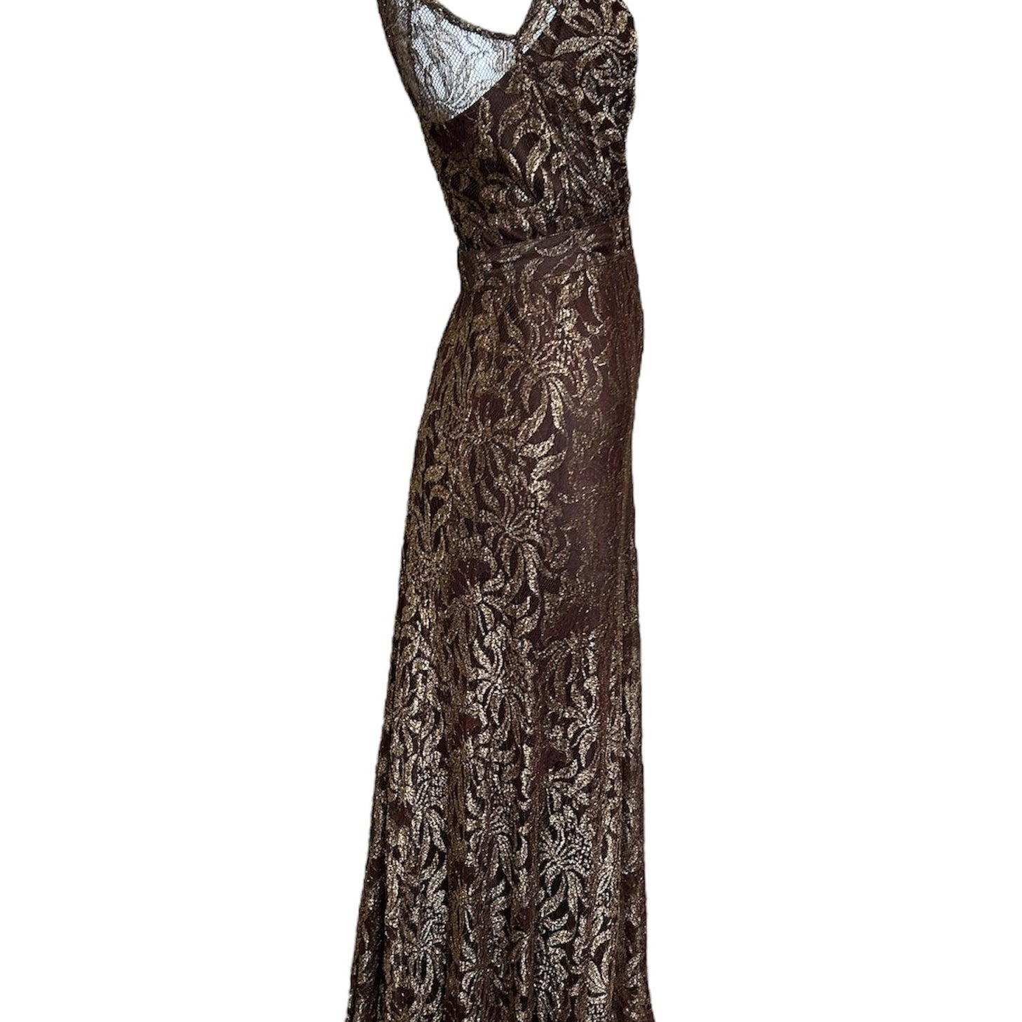 1930s Brown Lace & Gold Lame Gown w/ Belt SIDE PHOTO 2 OF 4
