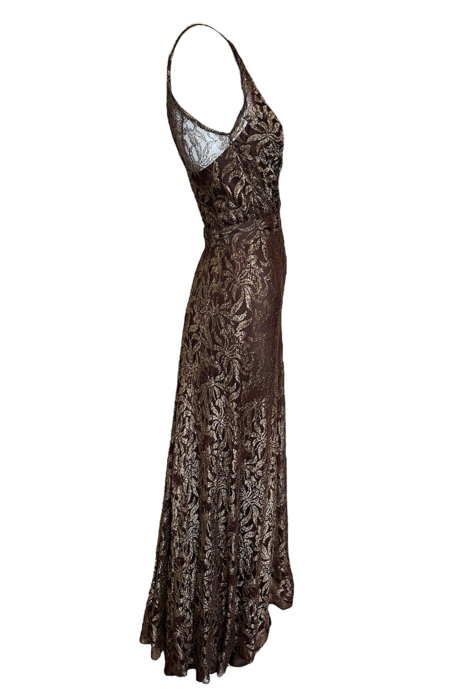 1930's Brown Lace & Gold Lam Belted Gown with Slip 1930's Brown Lace & Gold Lam Belted Gown with Slip