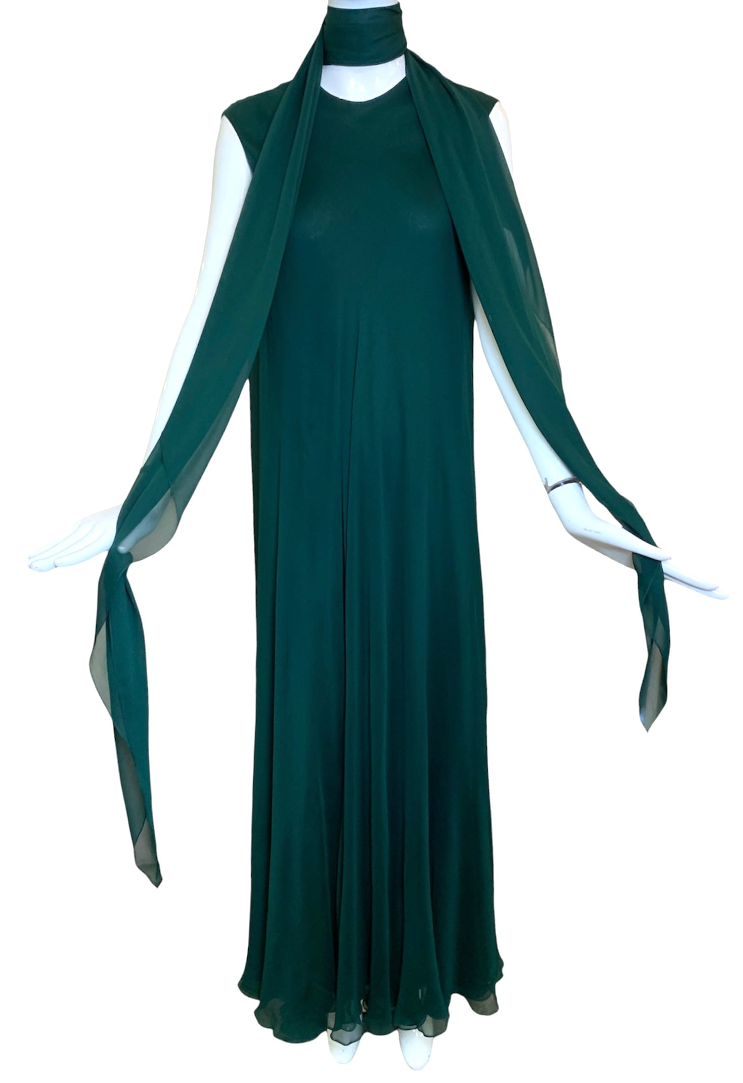 Stavropoulos '70s Emerald Green Silk Chiffon Gown & Scarf at throat
