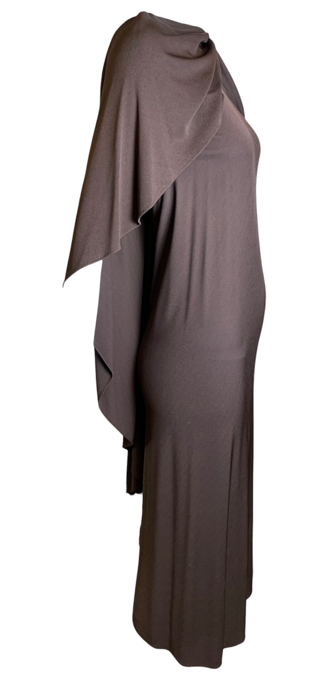 Halston 1970's Brown Matte Jersey Flutter Capelet Dress with Rhineston Pendant Detail Halston 1970's Brown Matte Jersey Flutter Capelet Dress with Rhineston Pendant Detail