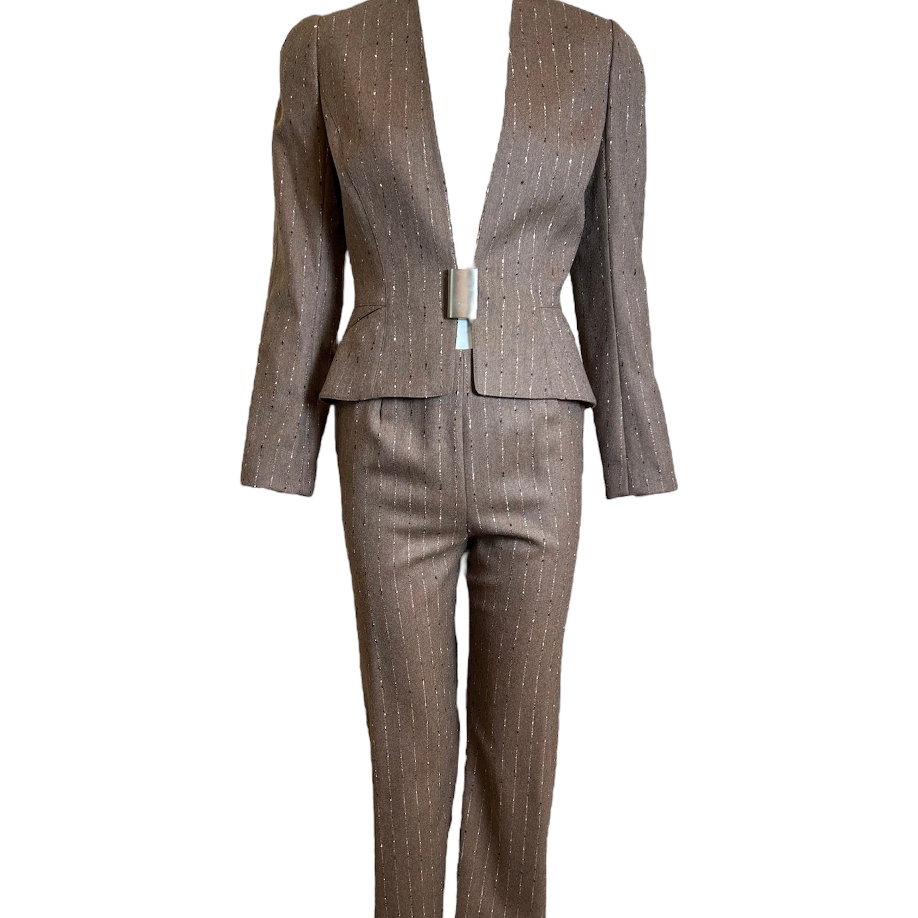ugler Taupe Pinstripe Suit Ensemble FRONT PHOTO 1 OF 6
