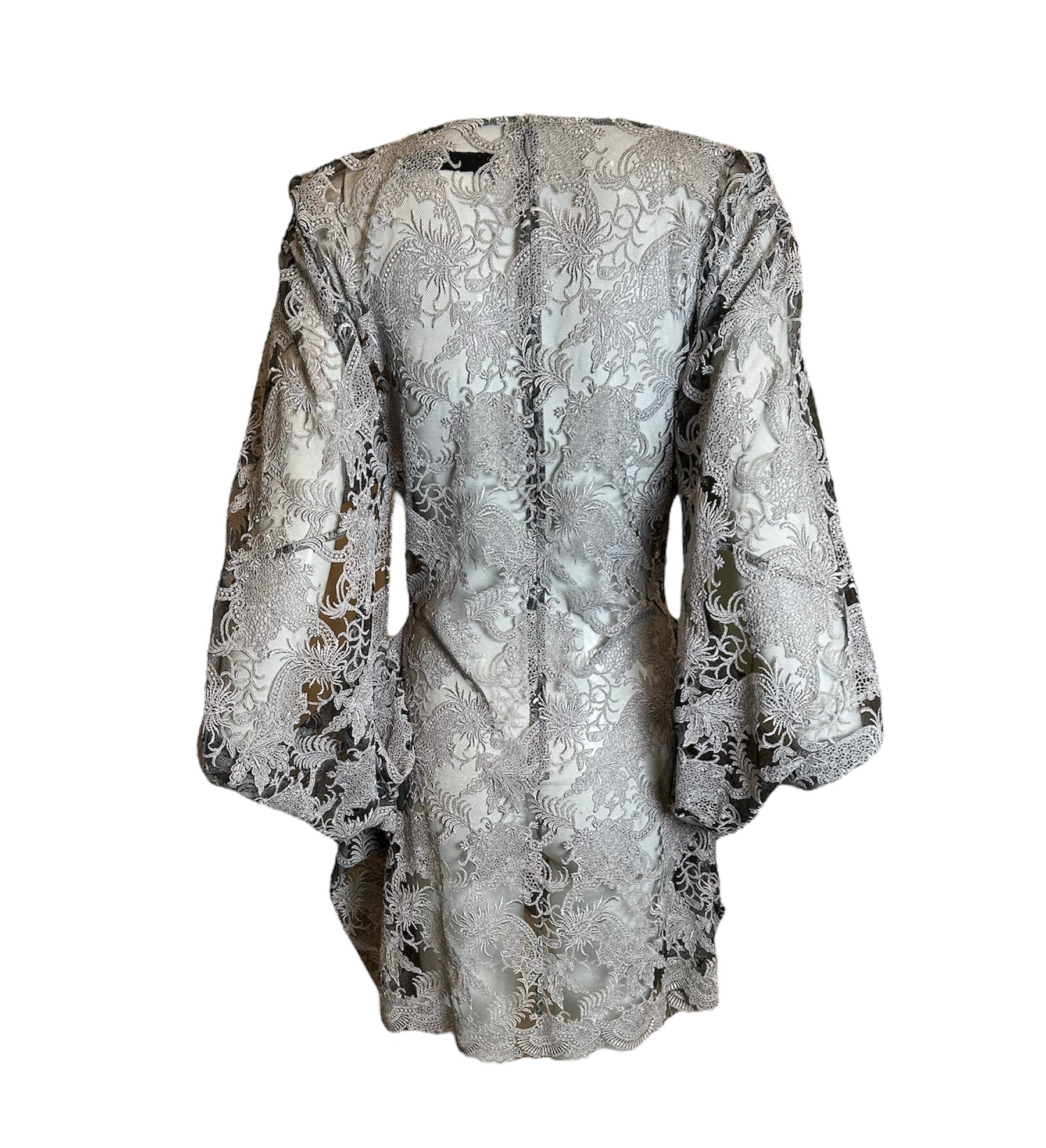 Junya Watanabe Comme Des Garcons Silver Kimono-Style Sleeve Lace Dress BACK PHOTO 3 OF 5