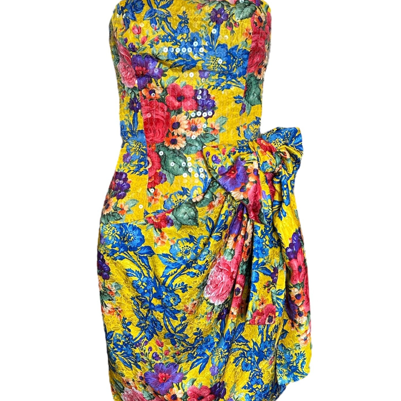  Bellville Sassoon Yellow Floral Silk & Sequined Cocktail Dress FRONT PHOTO 1 OF 6