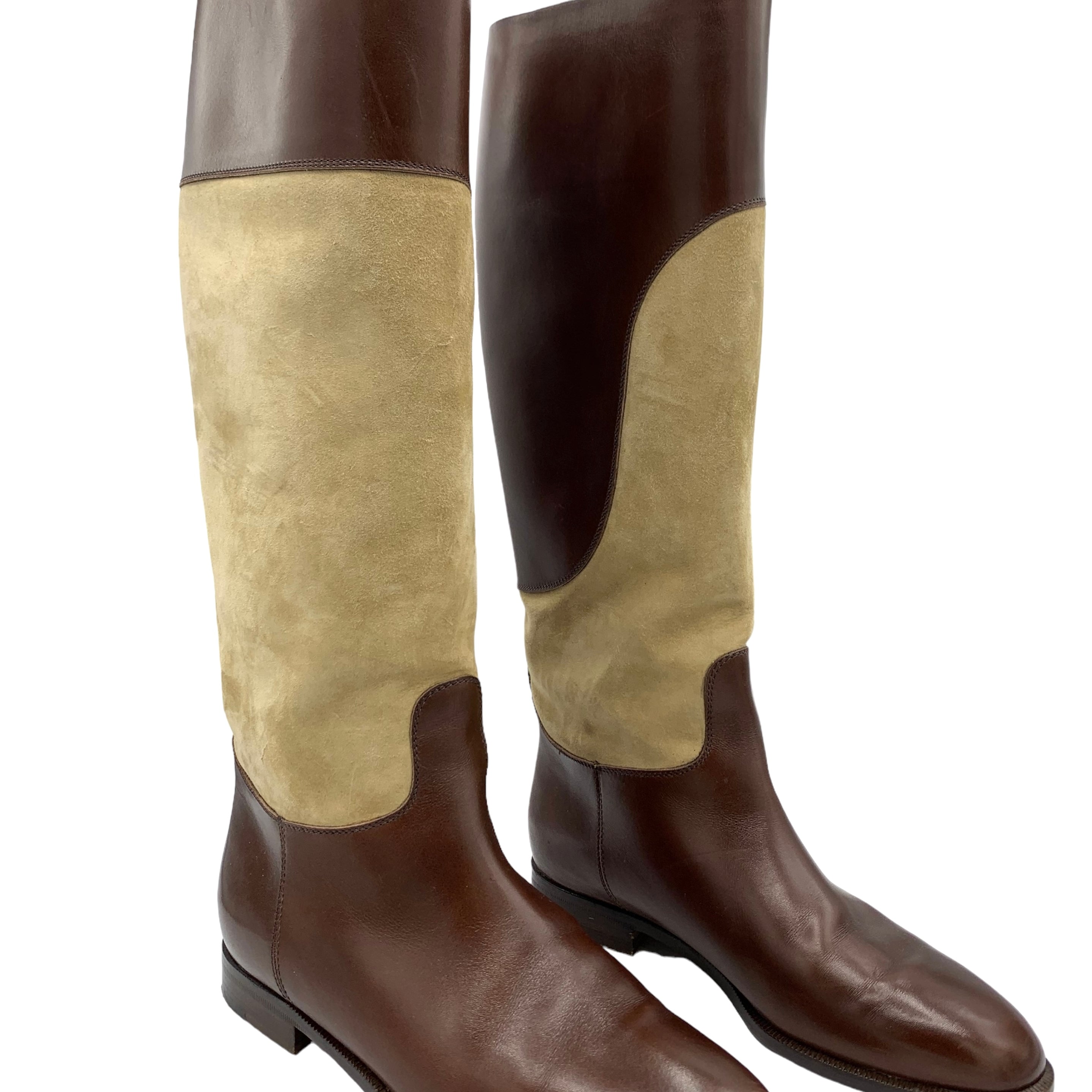 Gucci Brown Leather & Tan Suede Two Tone Riding Boots. side