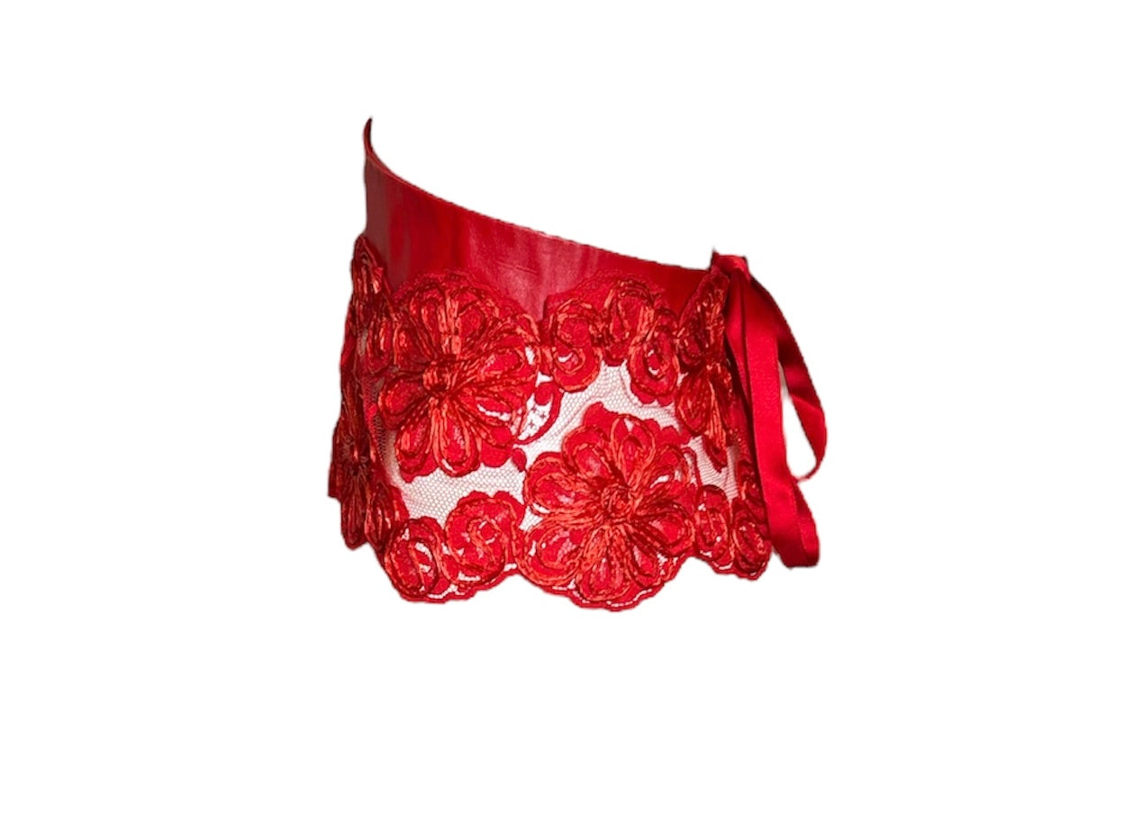 Geoffrey Beene Red Leather and Raffia Floral Waistband SIDE PHOTO 4 OF 4