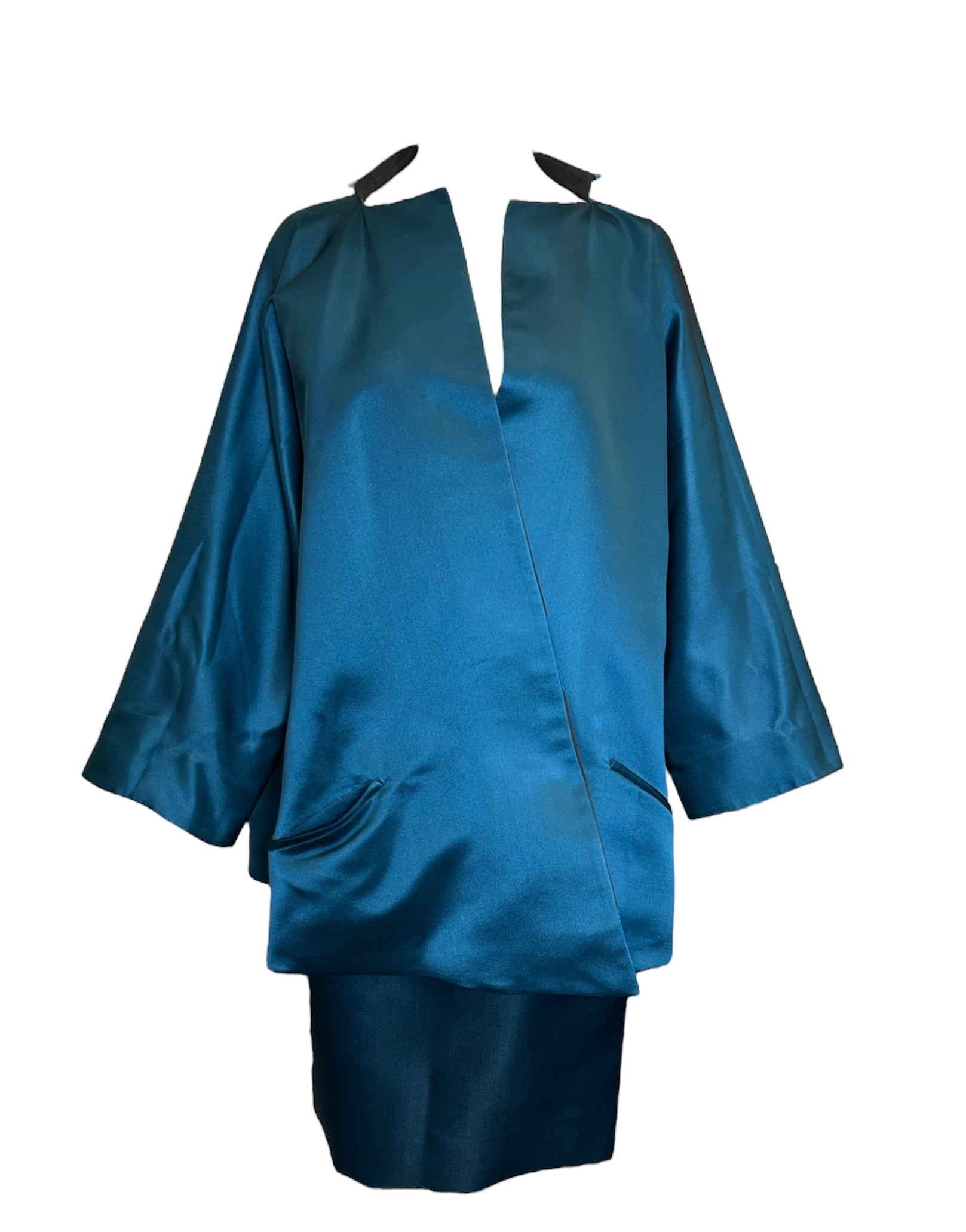  Geoffrey Beene Reversible Evening Coat + Skirt Ensemble BLUE SATIN FRONT 3 OF 8