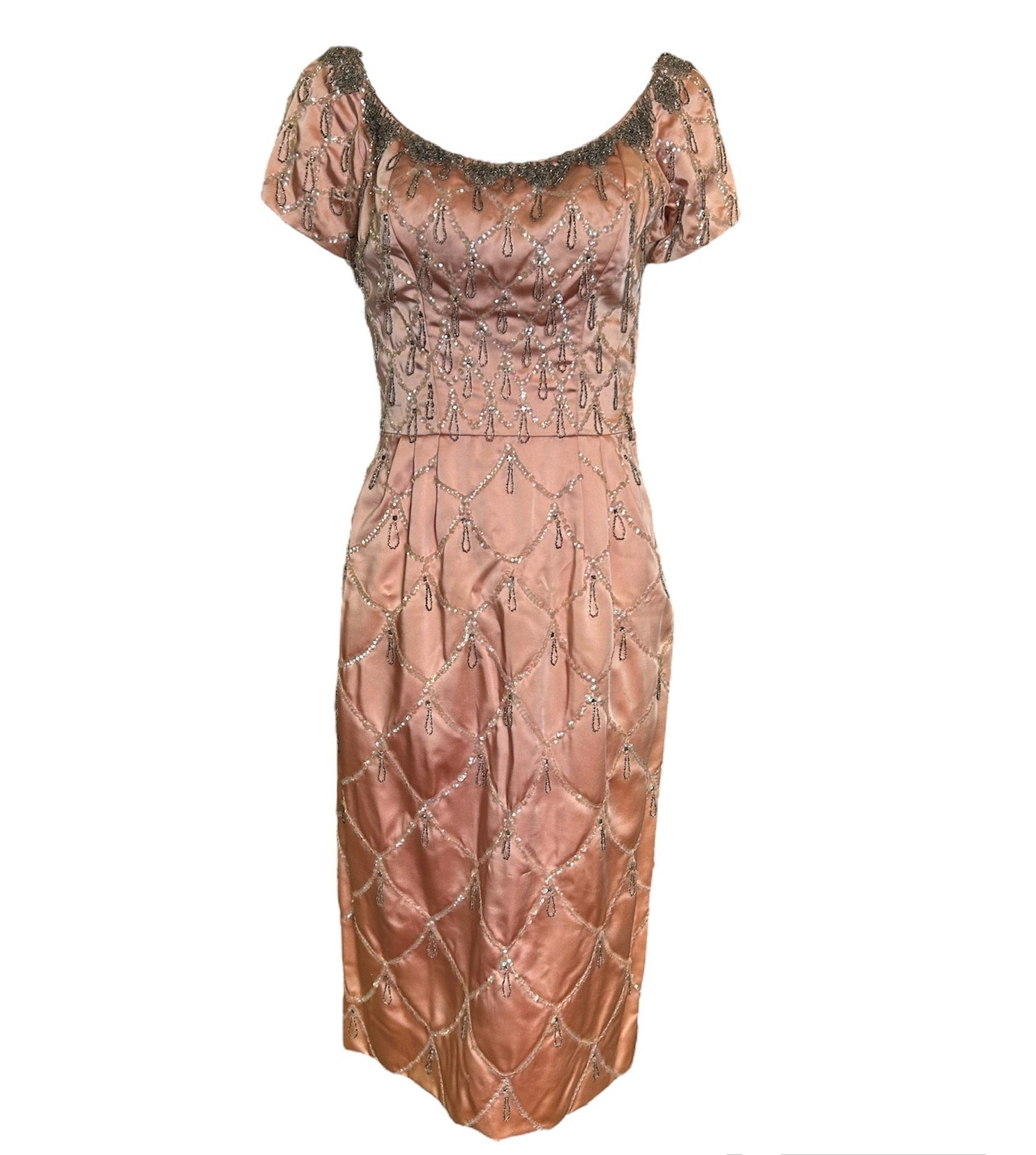 Ceil Chapman Late 1950's Pink Satin Beaded Cocktail Dress