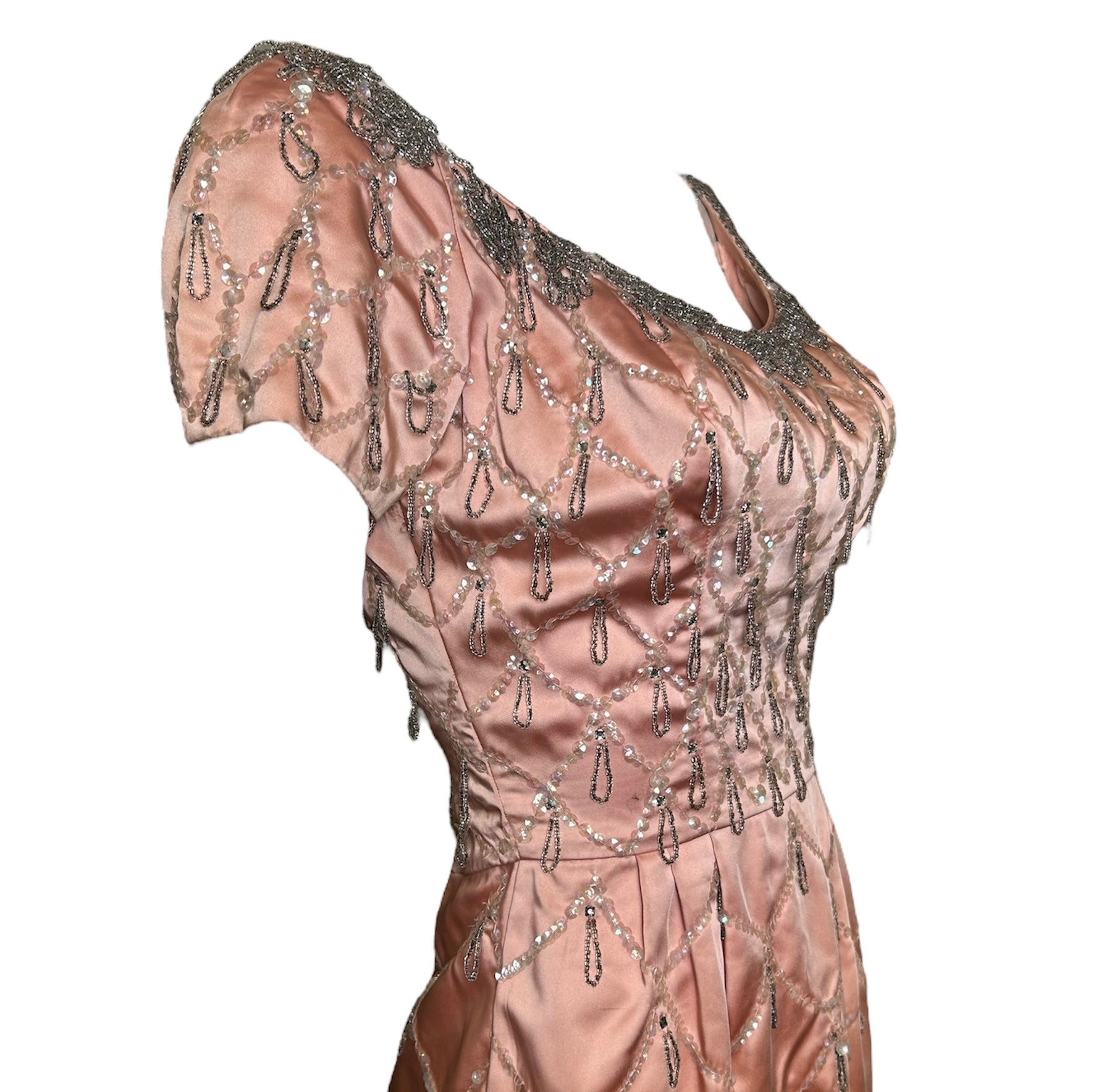 Ceil Chapman Late 1950's Pink Satin Beaded Cocktail Dress Ceil Chapman Late 1950's Pink Satin Beaded Cocktail Dress
