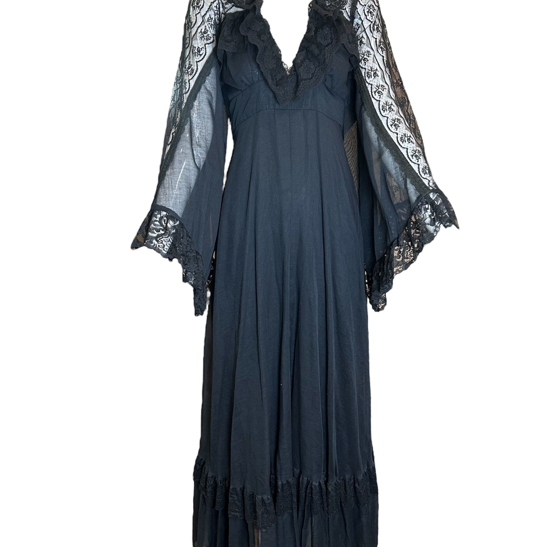 Gunne Sax Black Label Witchy Black Lace Gown with Angel Sleeves FRONT PHOTO 1 OF 5