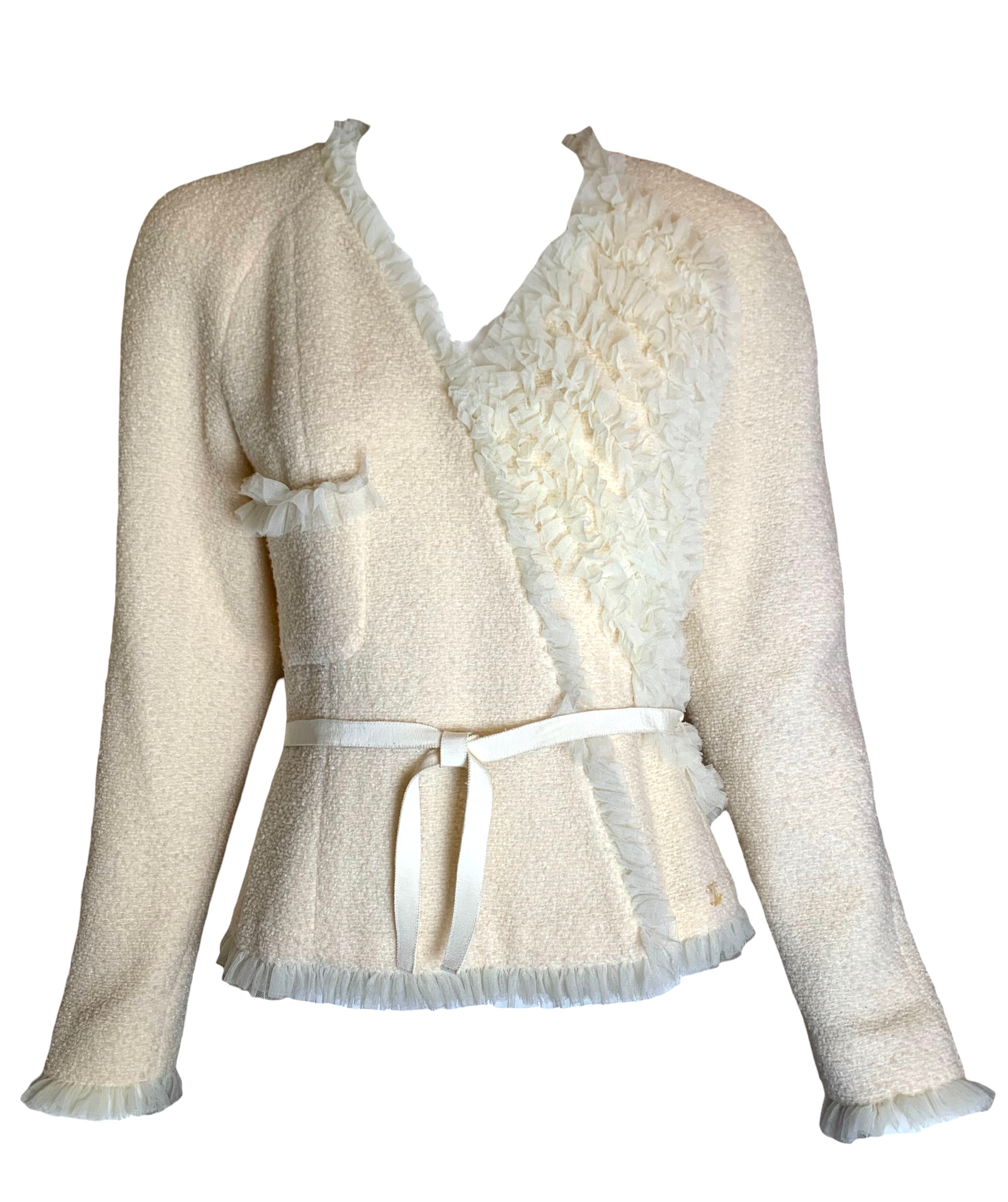 CHANEL 2002 Cruise/Resort Cream Tweed and Ruffle Tulle Jacket FRONT PHOTO 1 OF 8