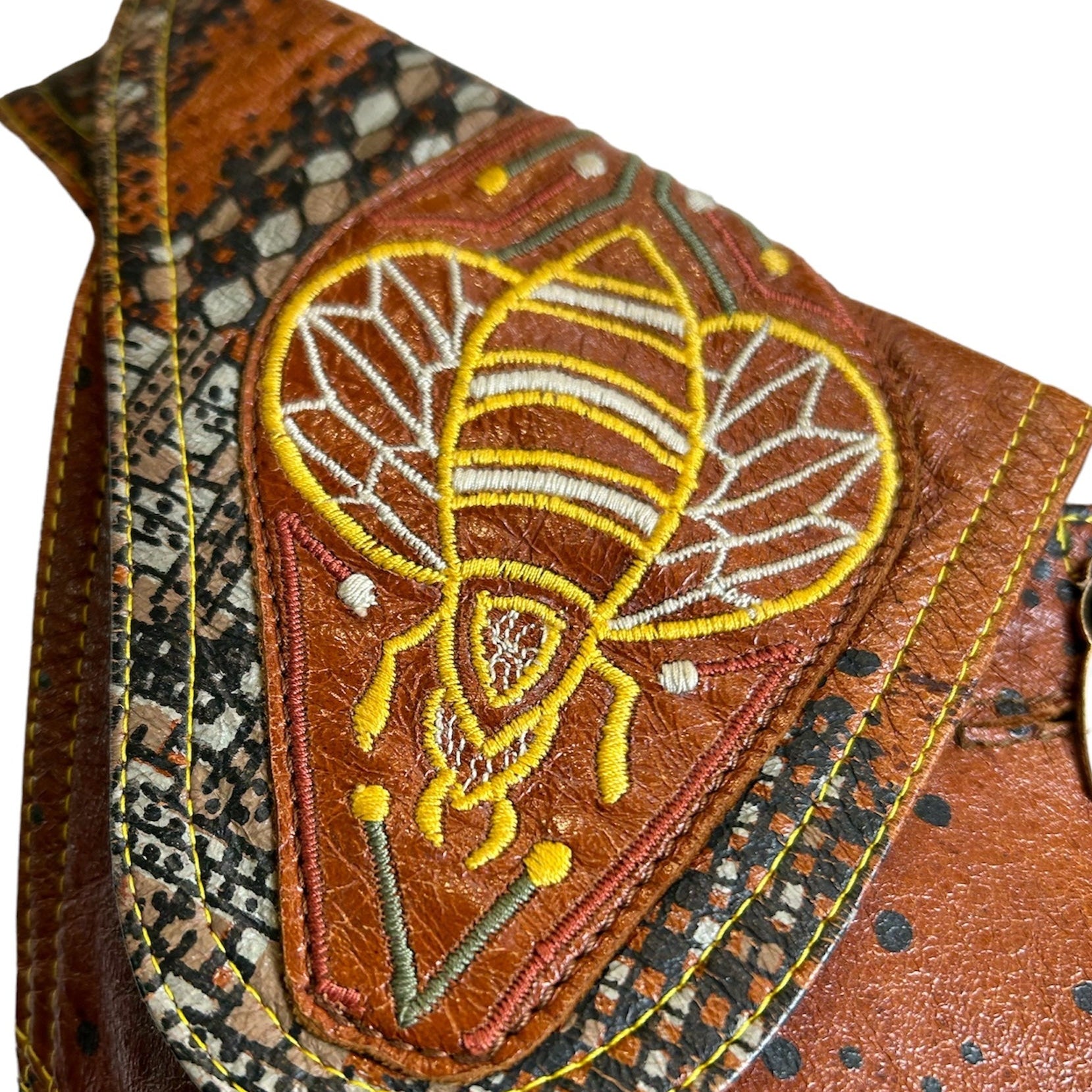 Iconic Bill Gibb 1972 A/W Leather Stenciled Vest with Bee Motif EMBROIDERY DETAIL PHOTO 2 OF 6