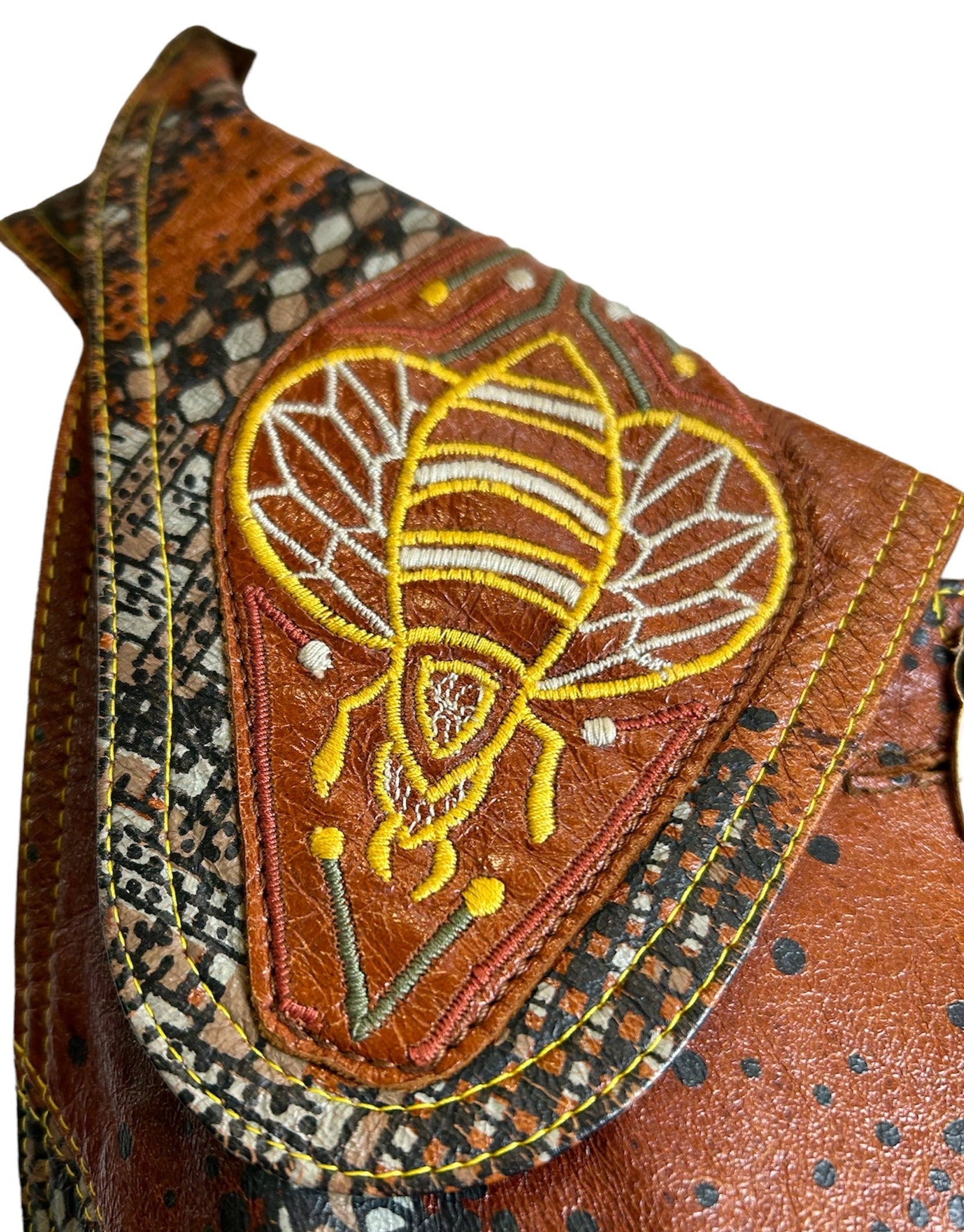 Iconic Bill Gibb 1972 A/W Leather Stenciled Vest with Bee Motif EMBROIDERY DETAIL PHOTO 2 OF 6