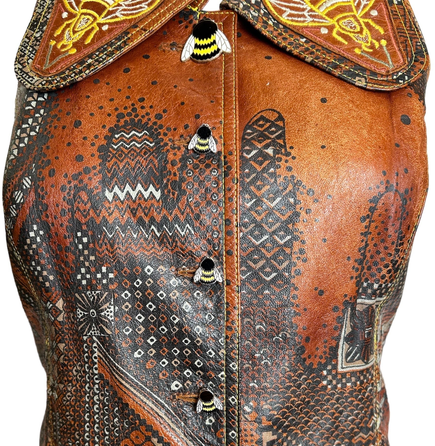 Iconic Bill Gibb 1972 A/W Leather Stenciled Vest with Bee Motif DETAIL PHOTO 3 OF 6