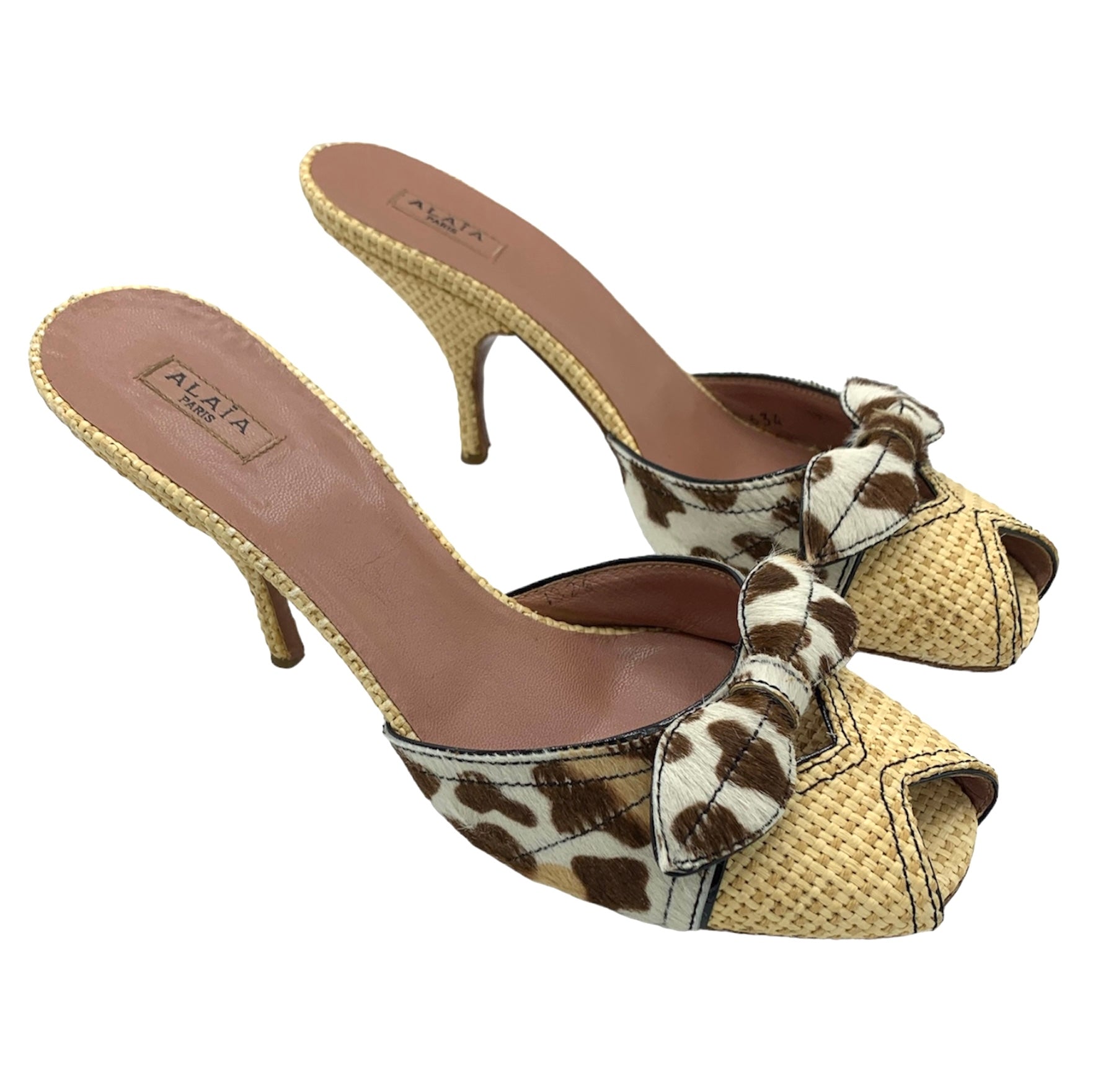 Alaia Raffia Animal Print Peep Toe Heeled Mules, side