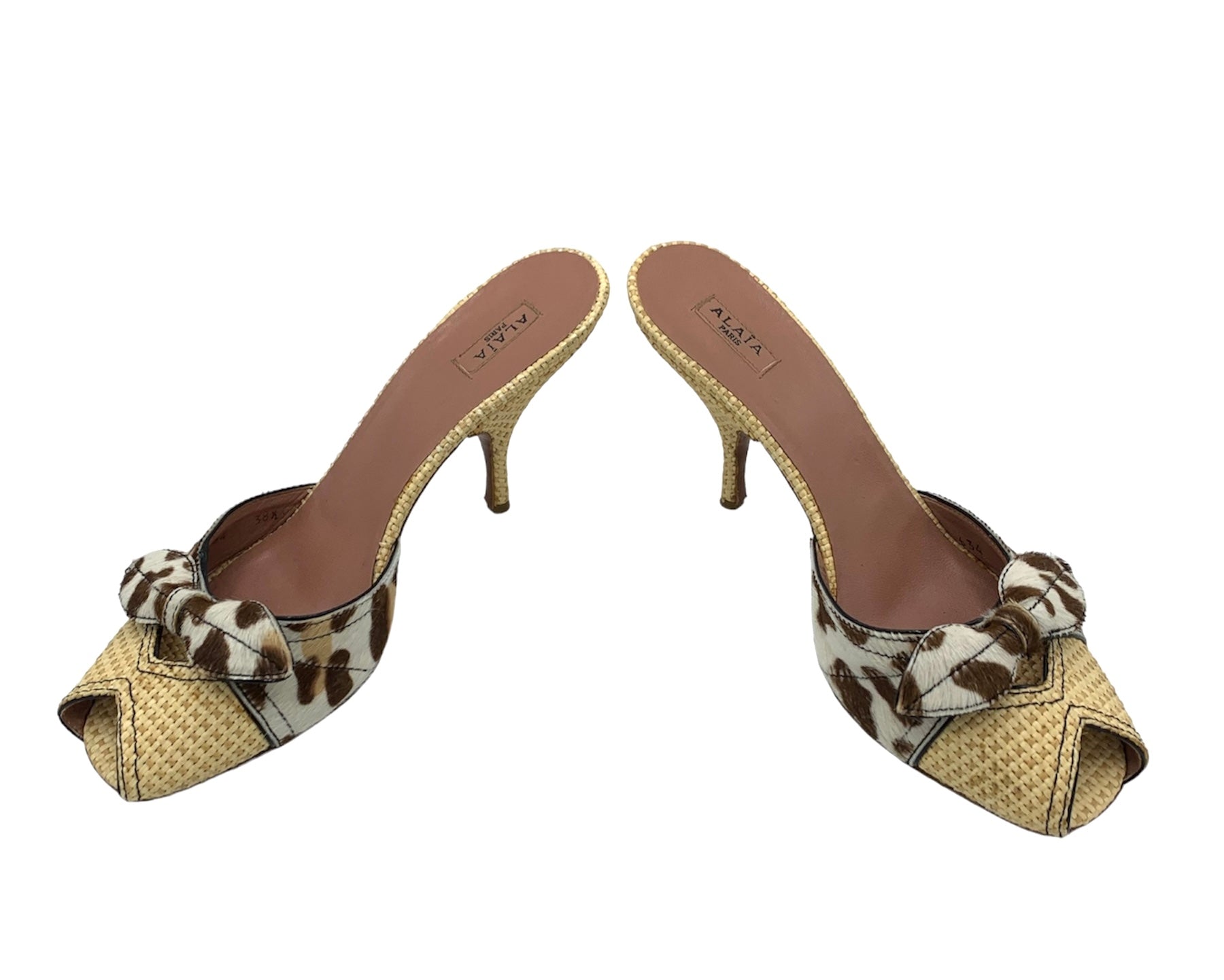 Alaia Raffia Animal Print Peep Toe Heeled Mules, side 2