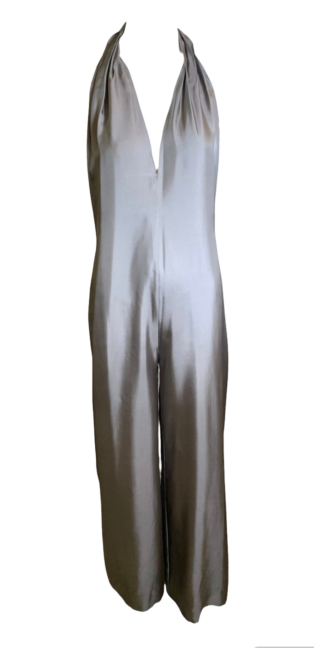  Stella McCartney Pewter Silver Silk Twill Halter Tie Neck Jumpsuit FRONT 1/5