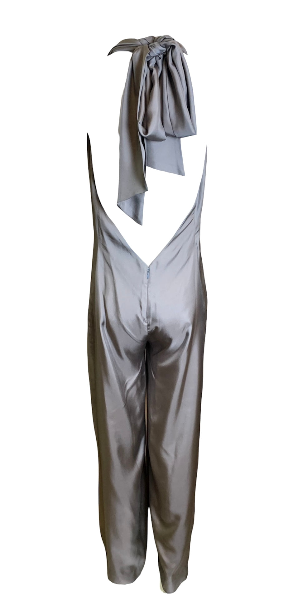  Stella McCartney Pewter Silver Silk Twill Halter Tie Neck Jumpsuit BACK WITH BOW 3/5