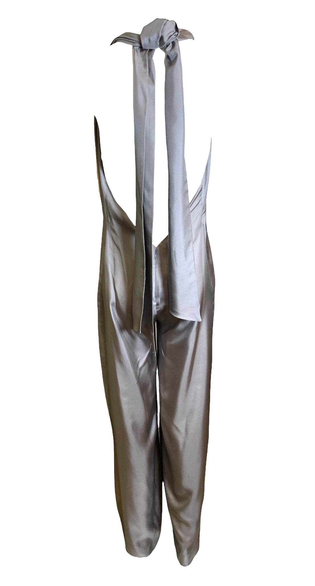  Stella McCartney Pewter Silver Silk Twill Halter Tie Neck Jumpsuit BACK WITH LONG KNOT 4/5