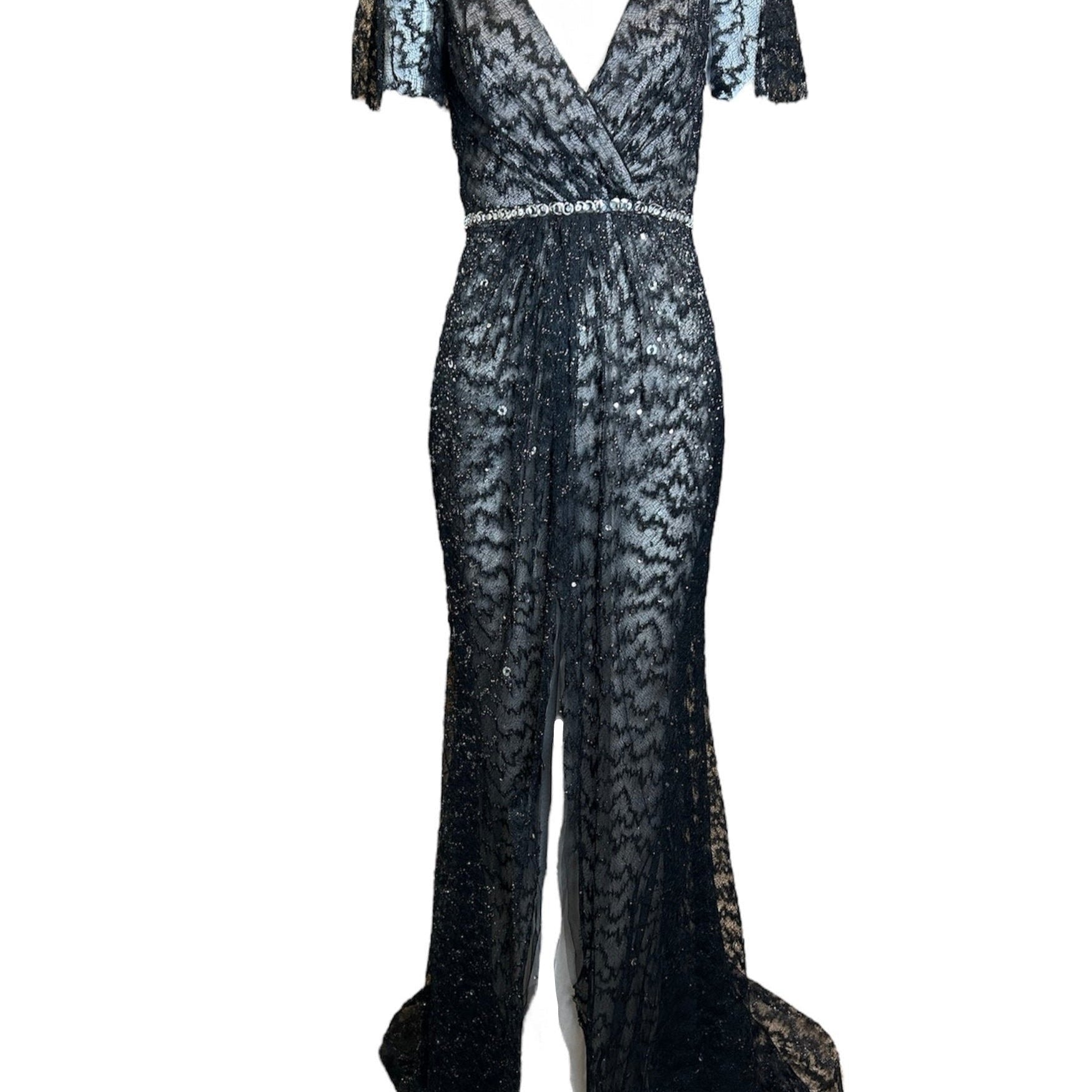 Lorena Sarbu Black Metallic Lace Flutter Sleeve Gown FRONT PHOTO 1 OF 5