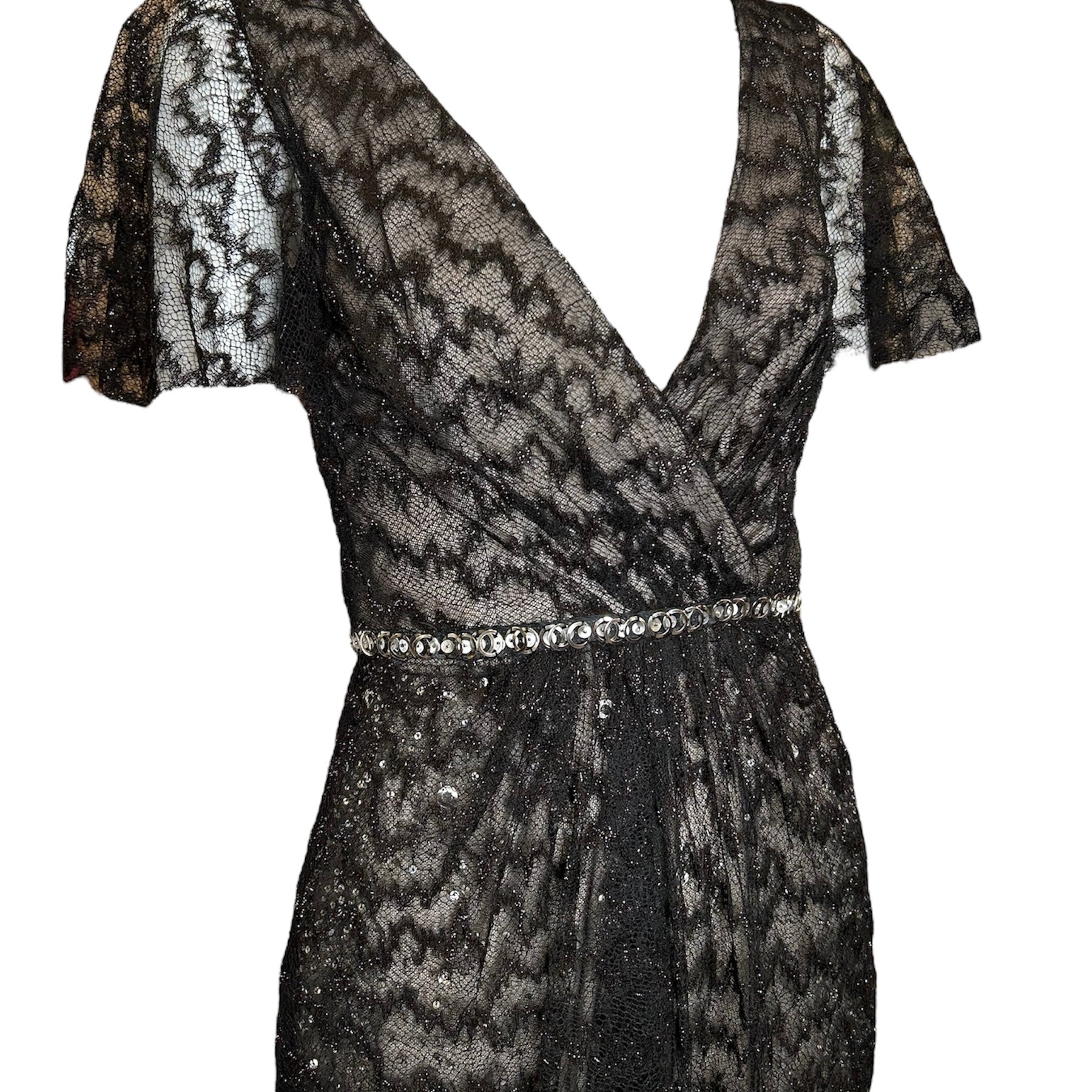 Lorena Sarbu Black Metallic Lace Flutter Sleeve Gown  DETAIL PROFILE PHOTO 2 OF 5