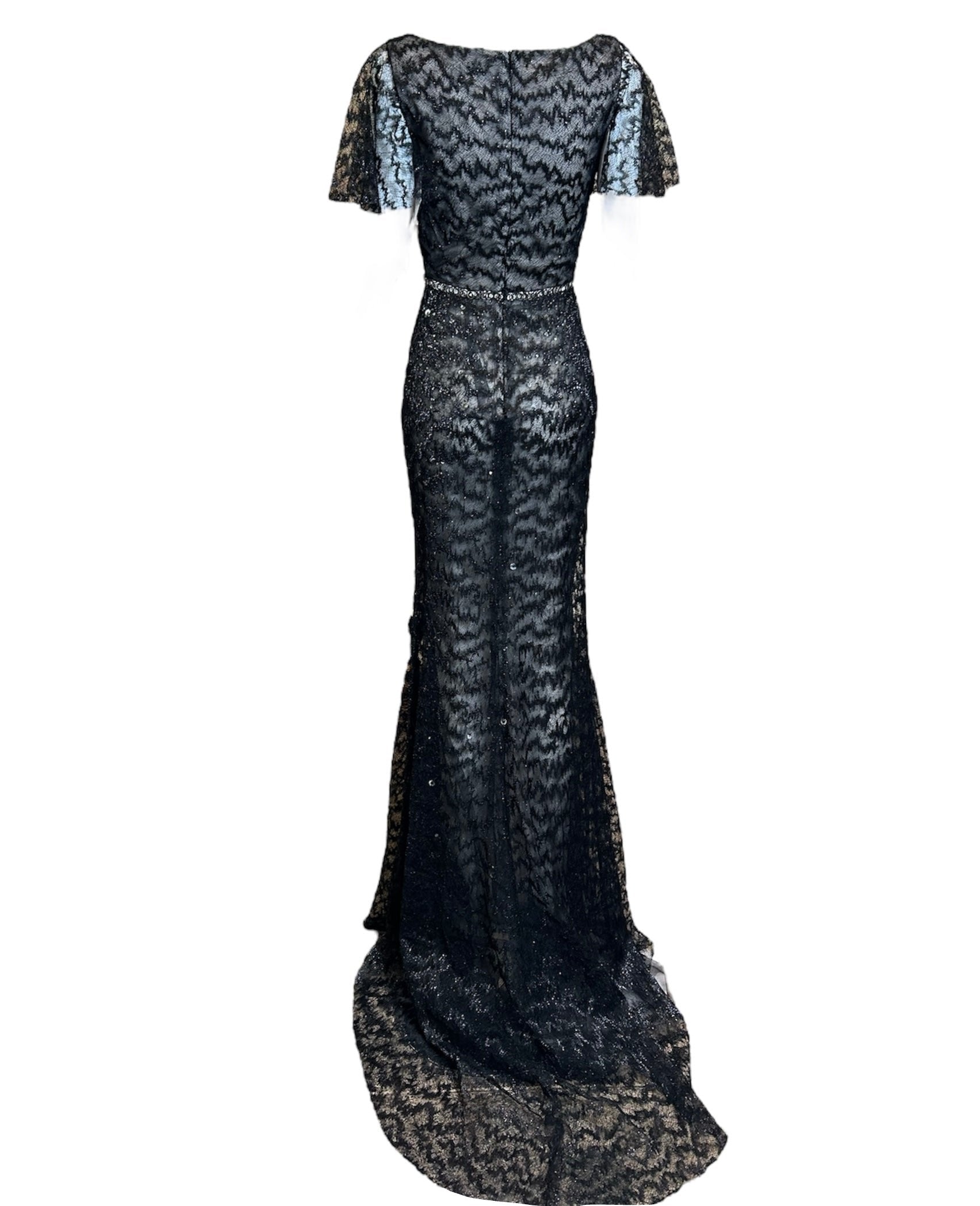 Lorena Sarbu Black Metallic Lace Flutter Sleeve Gown Lorena Sarbu Black Metallic Lace Flutter Sleeve Gown