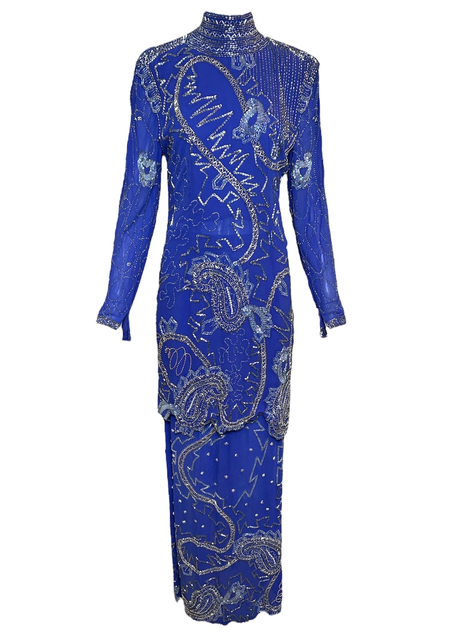 Fabrice Cobalt Blue Paisley Beaded Gown Ensemble FRONT PHOTO 1 OF 12