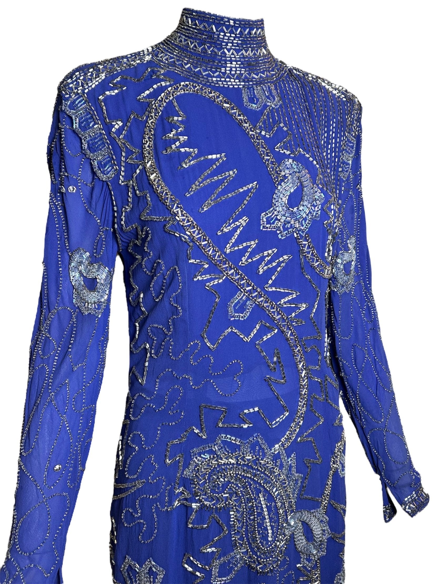 Fabrice Cobalt Blue Paisley Beaded Gown Ensemble FRONT PROFILE PHOTO 2 OF 12