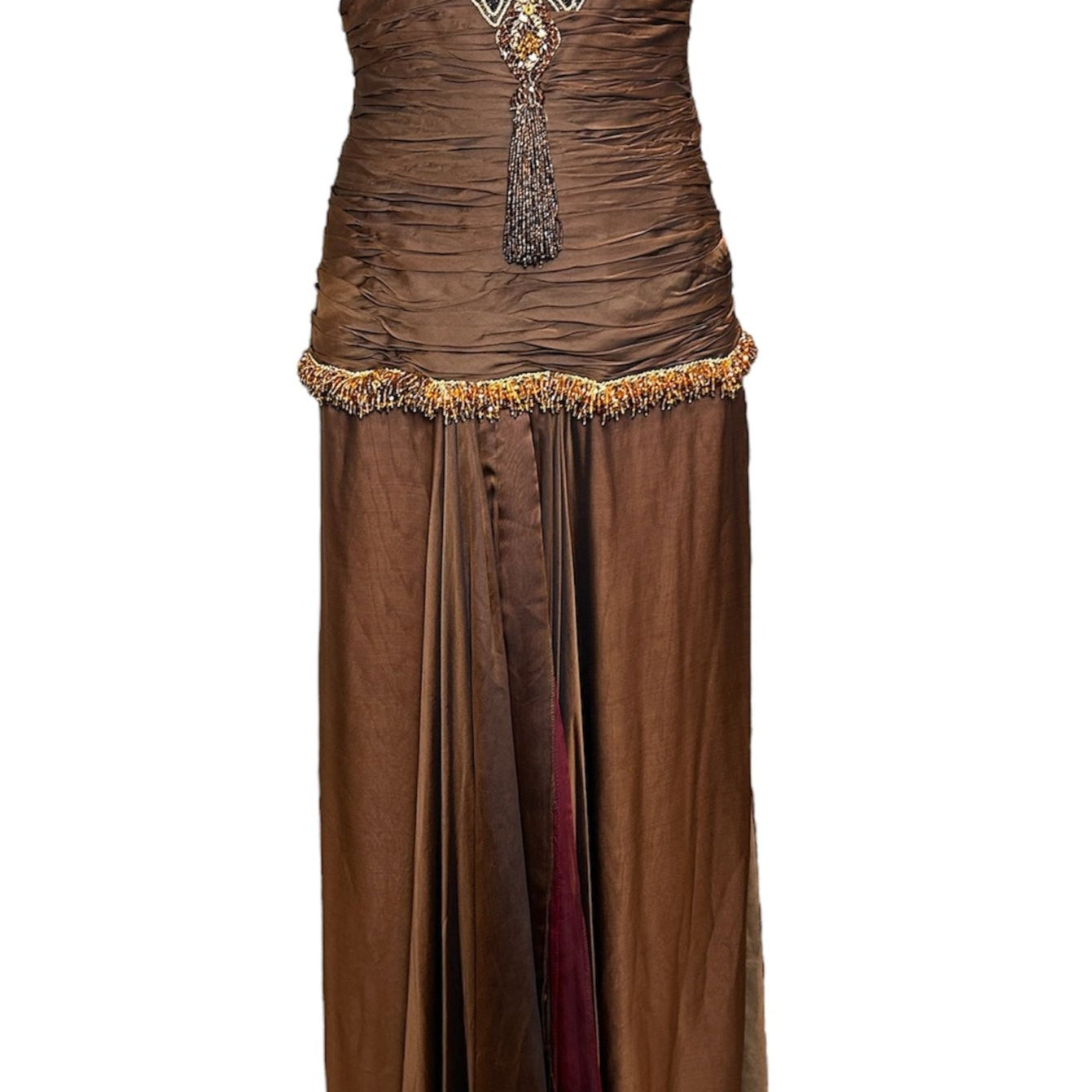 Odicini Couture Glowing Brown Strapless Silk Gown with Beaded Accents FRONT PHOTO 1 OF 7