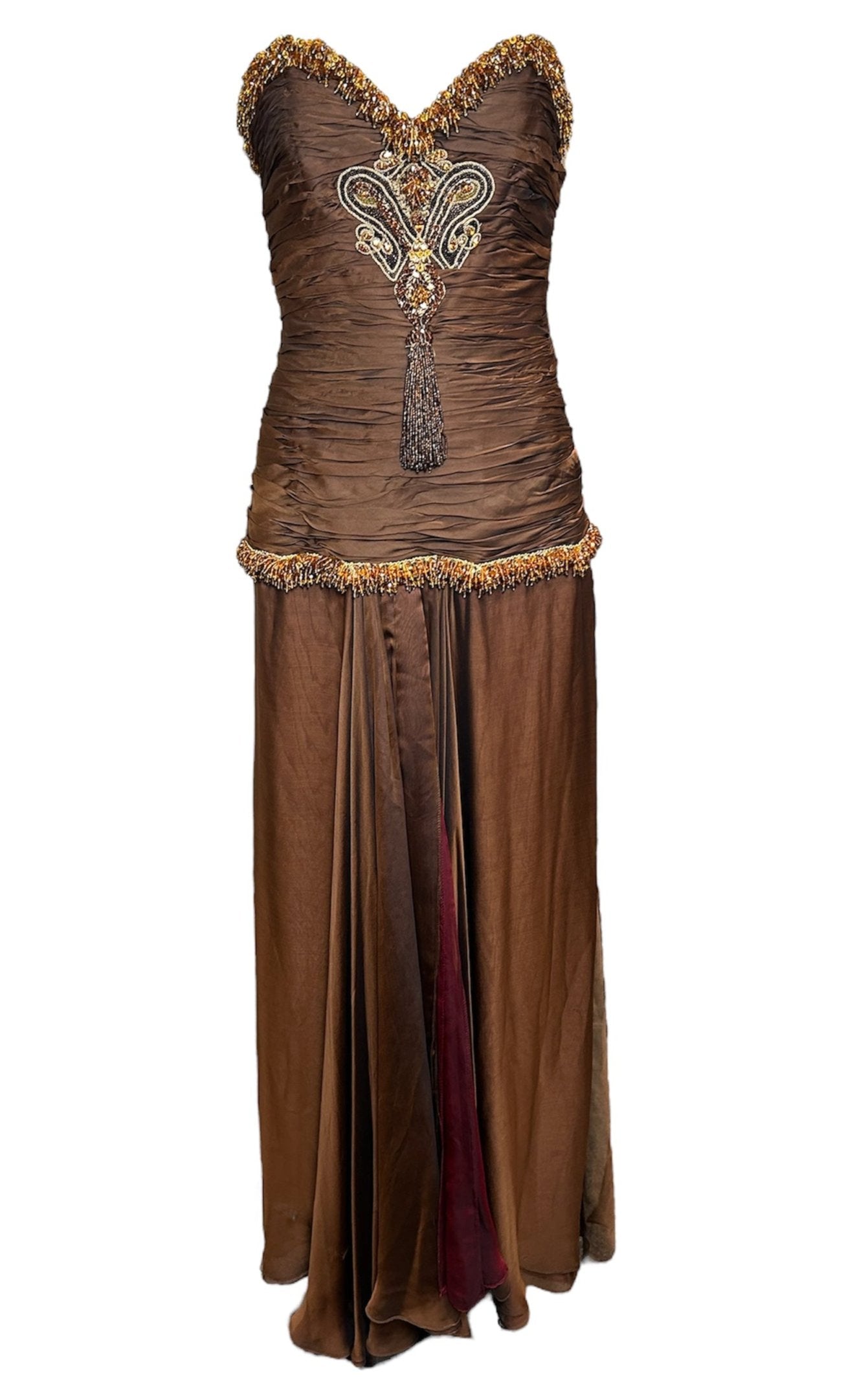 Odicini Couture Glowing Brown Strapless Silk Gown with Beaded Accents FRONT PHOTO 1 OF 7