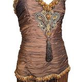 Odicini Couture Glowing Brown Strapless Silk Gown with Beaded Accents PHOTO 2 OF 7