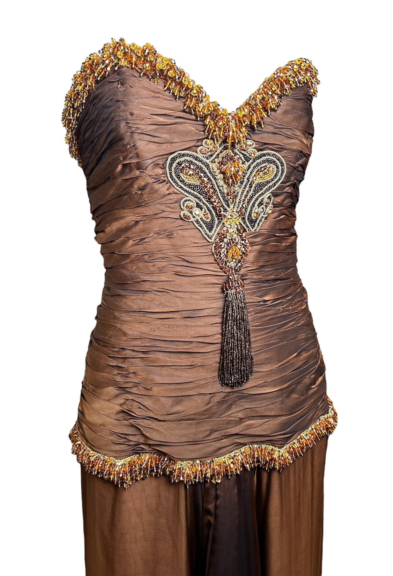 Odicini Couture Glowing Brown Strapless Silk Gown with Beaded Accents PHOTO 2 OF 7