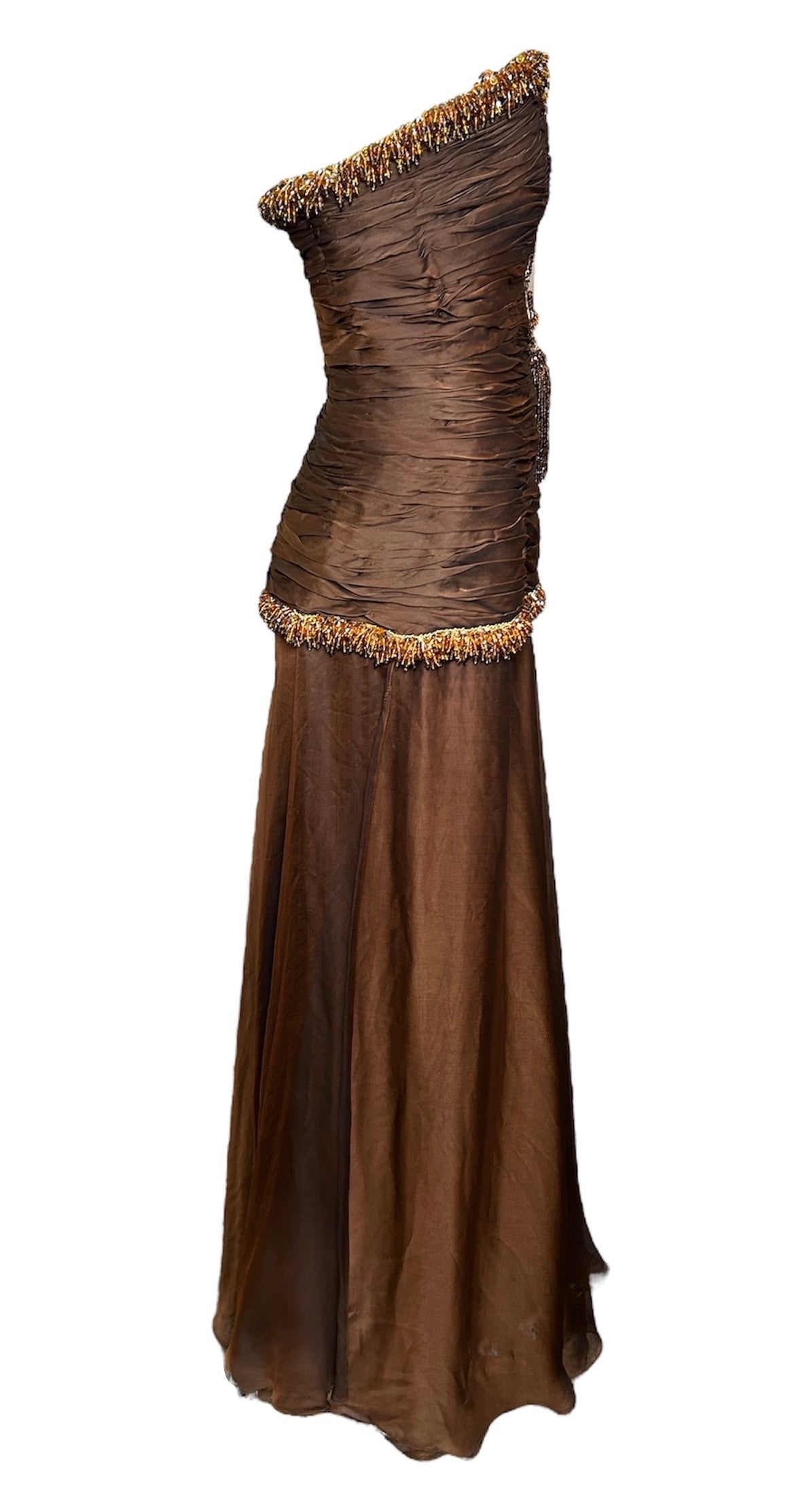 Odicini Couture Glowing Brown Strapless Silk Gown with Beaded Accents SIDE PHOTO 3 OF 7