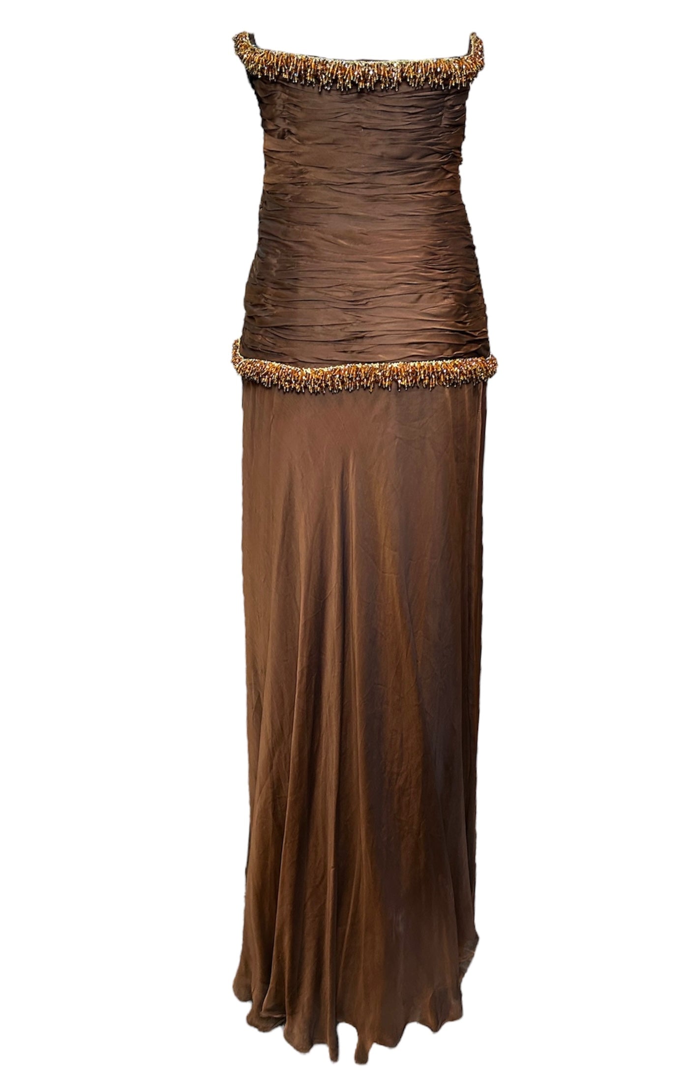 Odicini Couture Glowing Brown Strapless Silk Gown with Beaded Accents BACK 4 OF 7