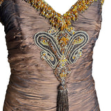 Odicini Couture Glowing Brown Strapless Silk Gown with Beaded Accents FRONT BODICE 5 OF 7