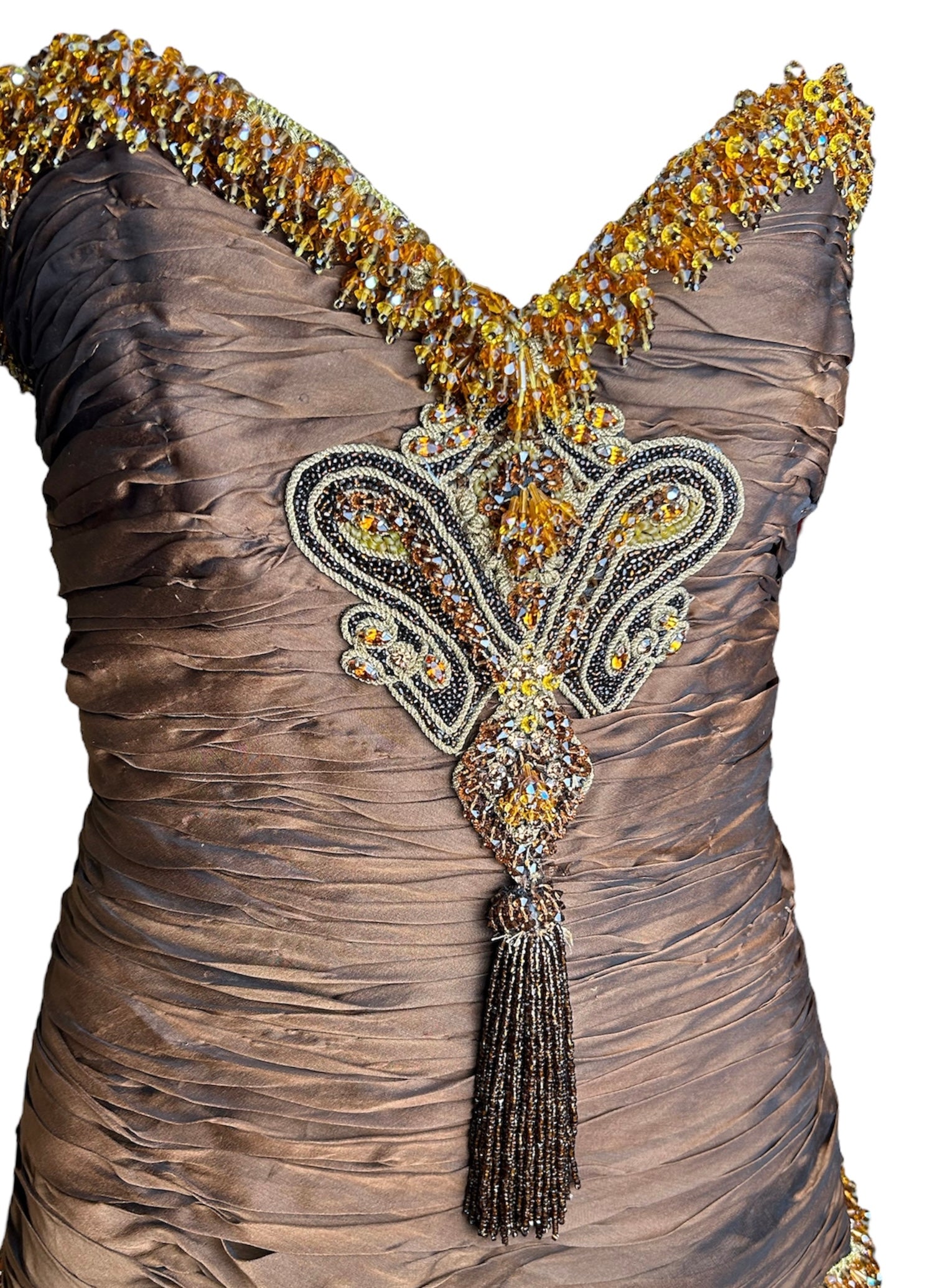 Odicini Couture Glowing Brown Strapless Silk Gown with Beaded Accents FRONT BODICE 5 OF 7