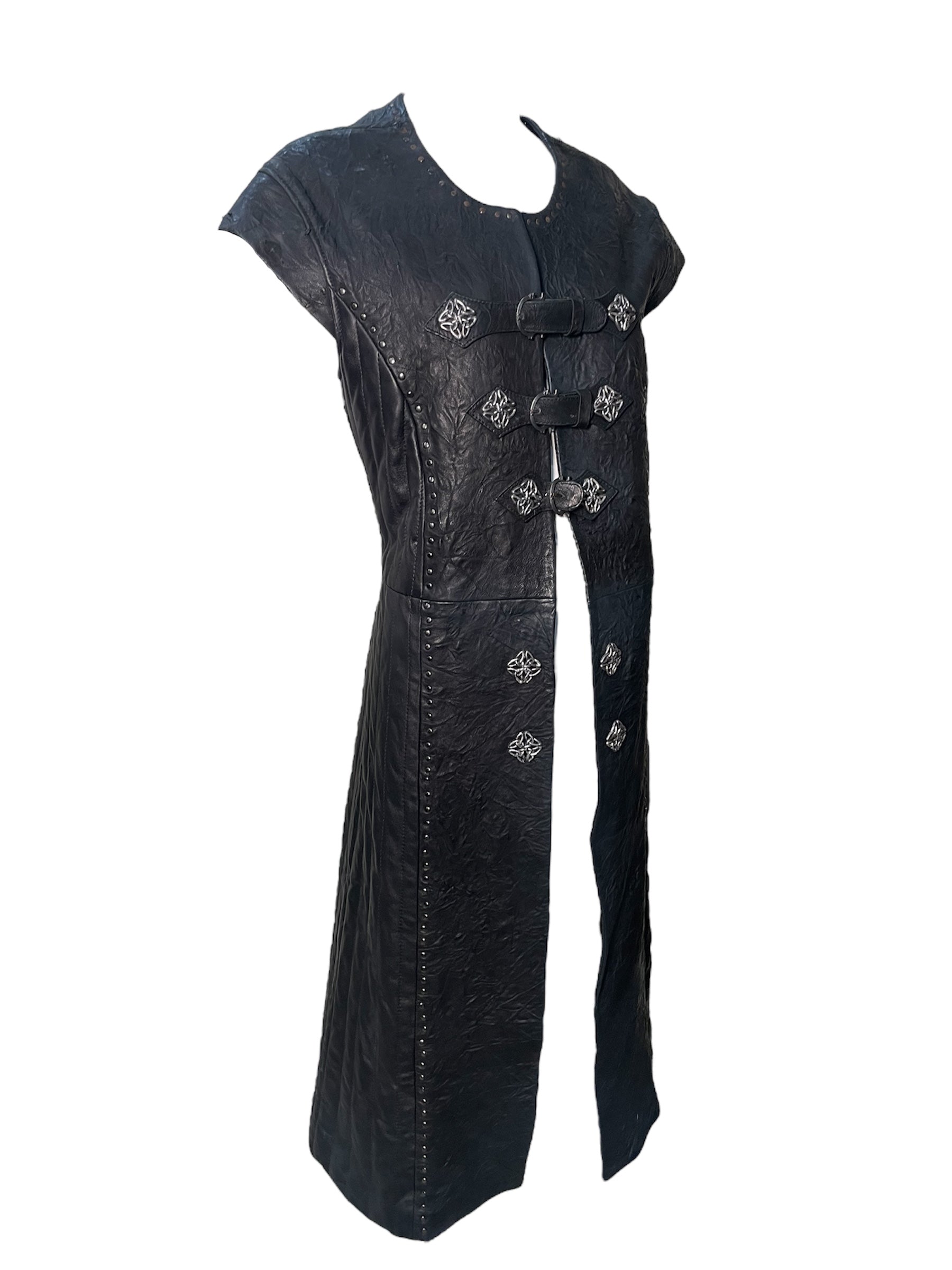 Ren Fair Custom Made Leather Vest Coat with Silver-Tone Celtic Shield Knot Buttons, side