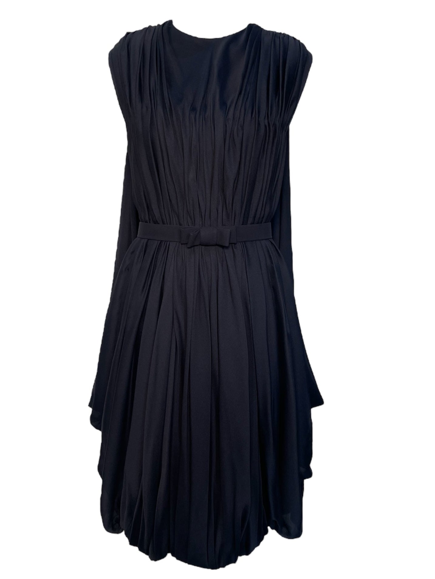 Reem Acra Pleated Little Black Dress with Bow Belt FRONT 1/5