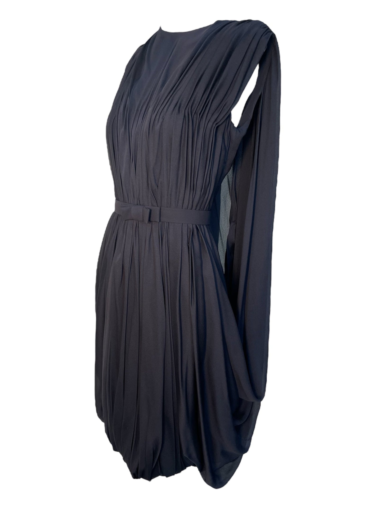 Reem Acra Pleated Little Black Dress with Bow Belt SIDE 2/5