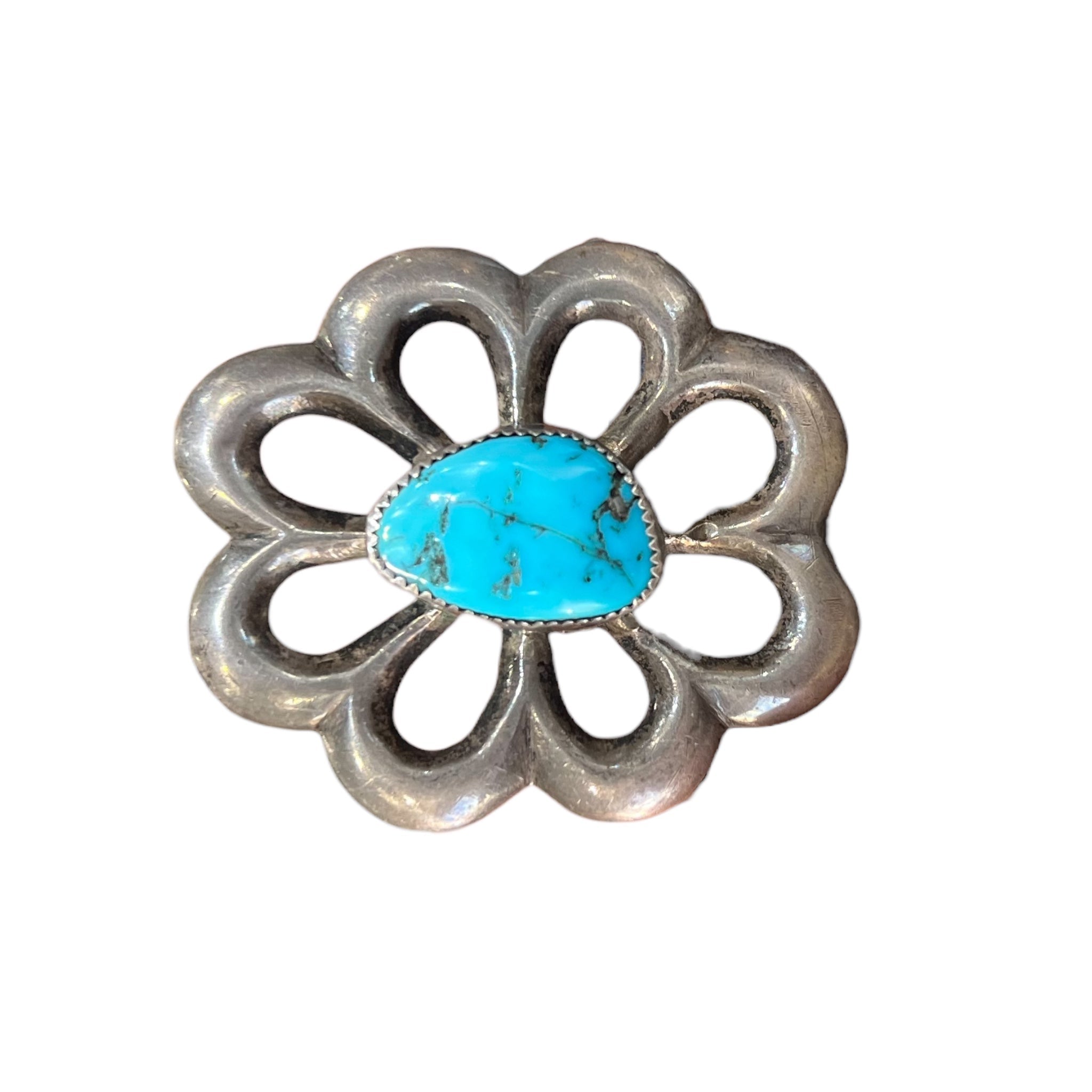 Lenora Dale 1920's Navajo Pawn Silver Sand-Cast Flower and Butterfly Concho with Turquoise CONCHO DETAIL 2/5
